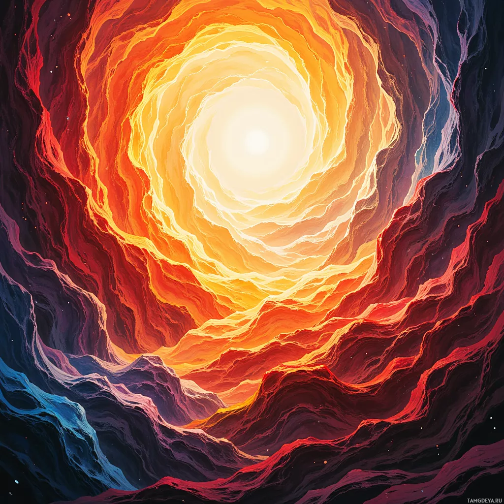 A vibrant, swirling vortex of fiery colors converging towards a bright center.
