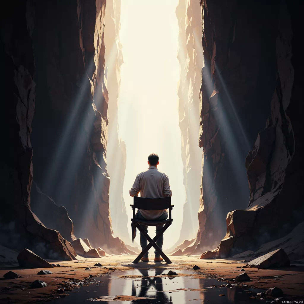 A person sits in a chair at the entrance of a narrow canyon, facing a bright light at the end.