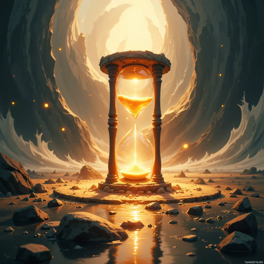 An hourglass stands in a barren landscape, glowing with an ethereal light.