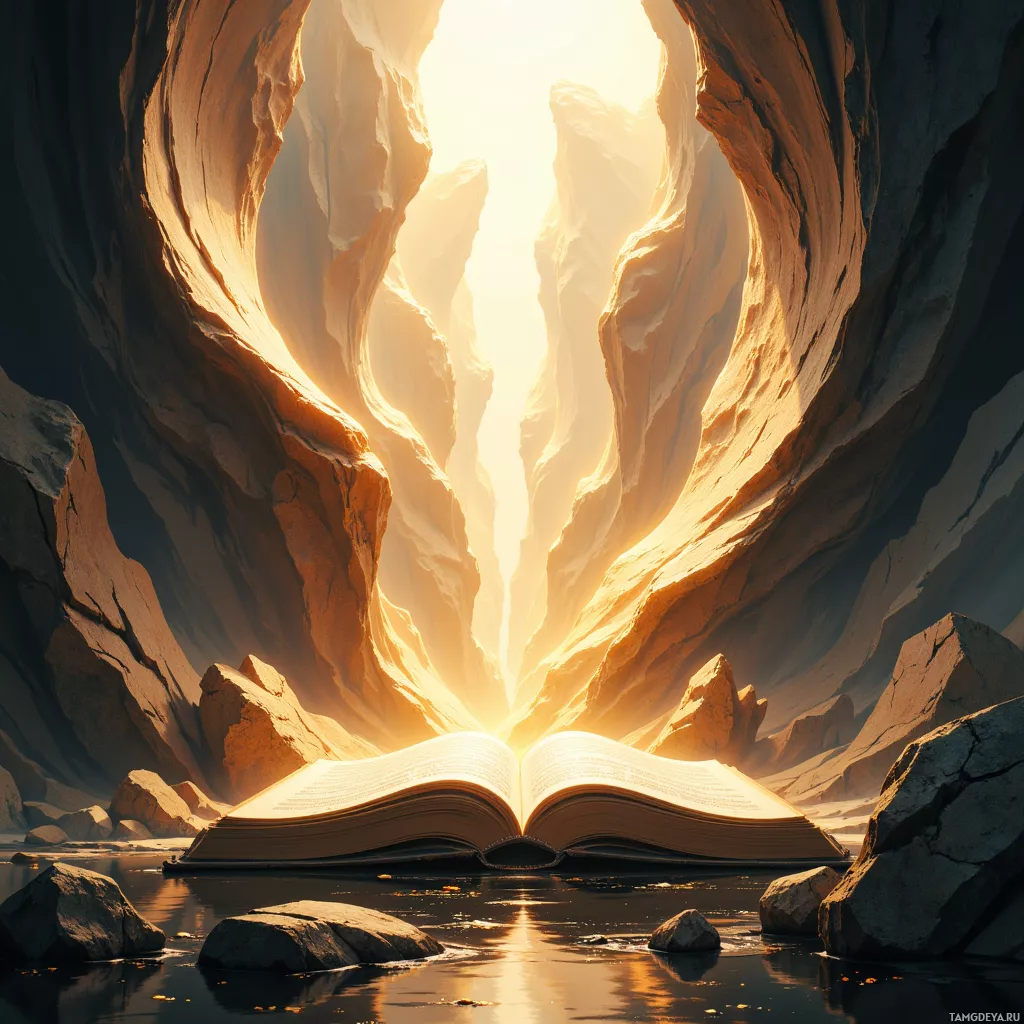 An open book rests on a rocky shore, with sunlight streaming through a narrow canyon above.