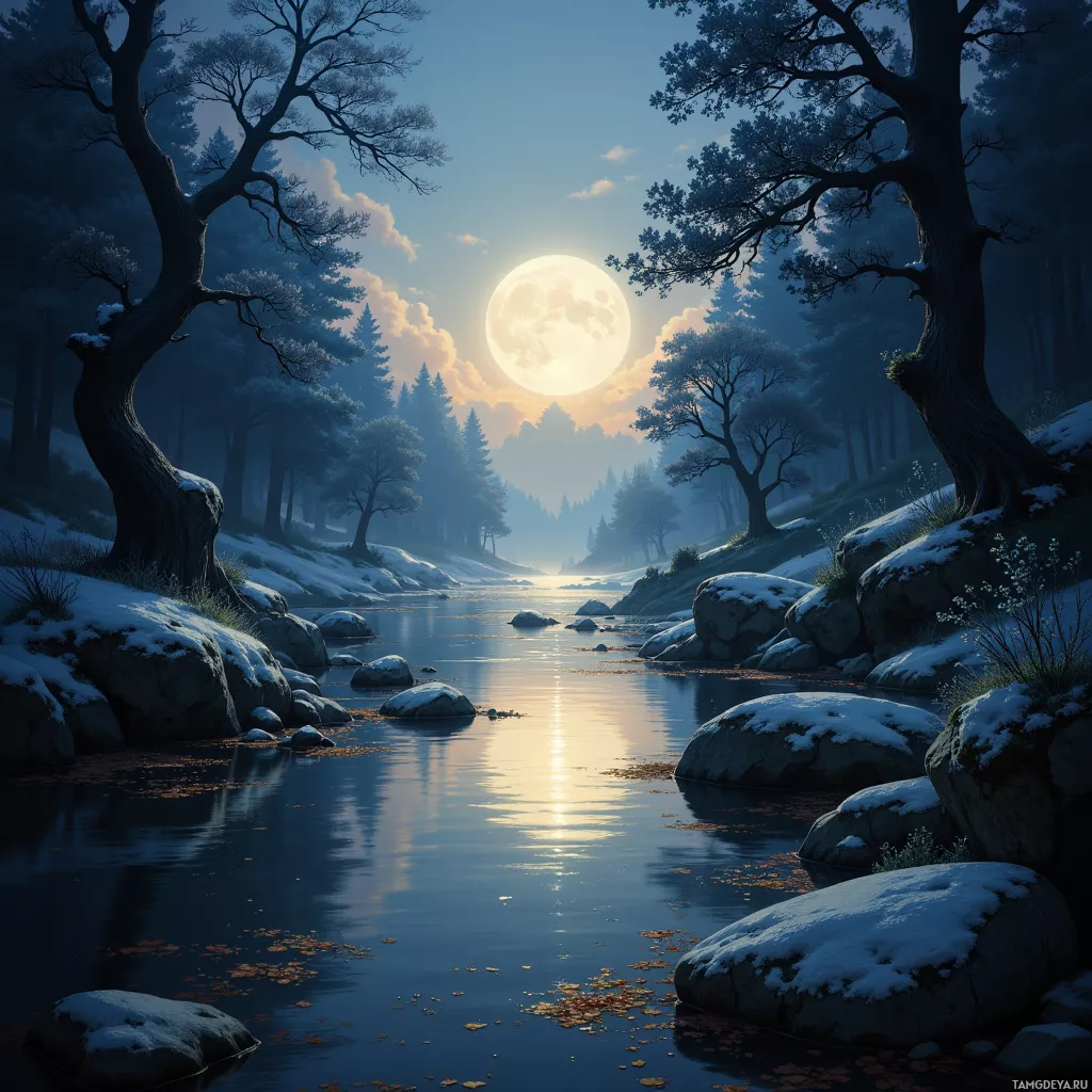 A serene winter landscape with a full moon reflecting on a calm river surrounded by snow-covered trees and rocks.