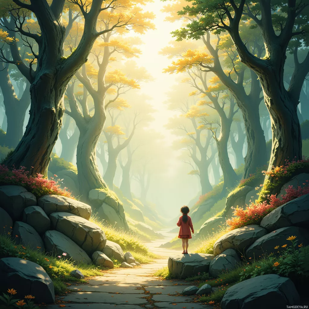 A child stands at the edge of a stone path in a serene forest with tall, twisted trees and soft sunlight filtering through the mist.