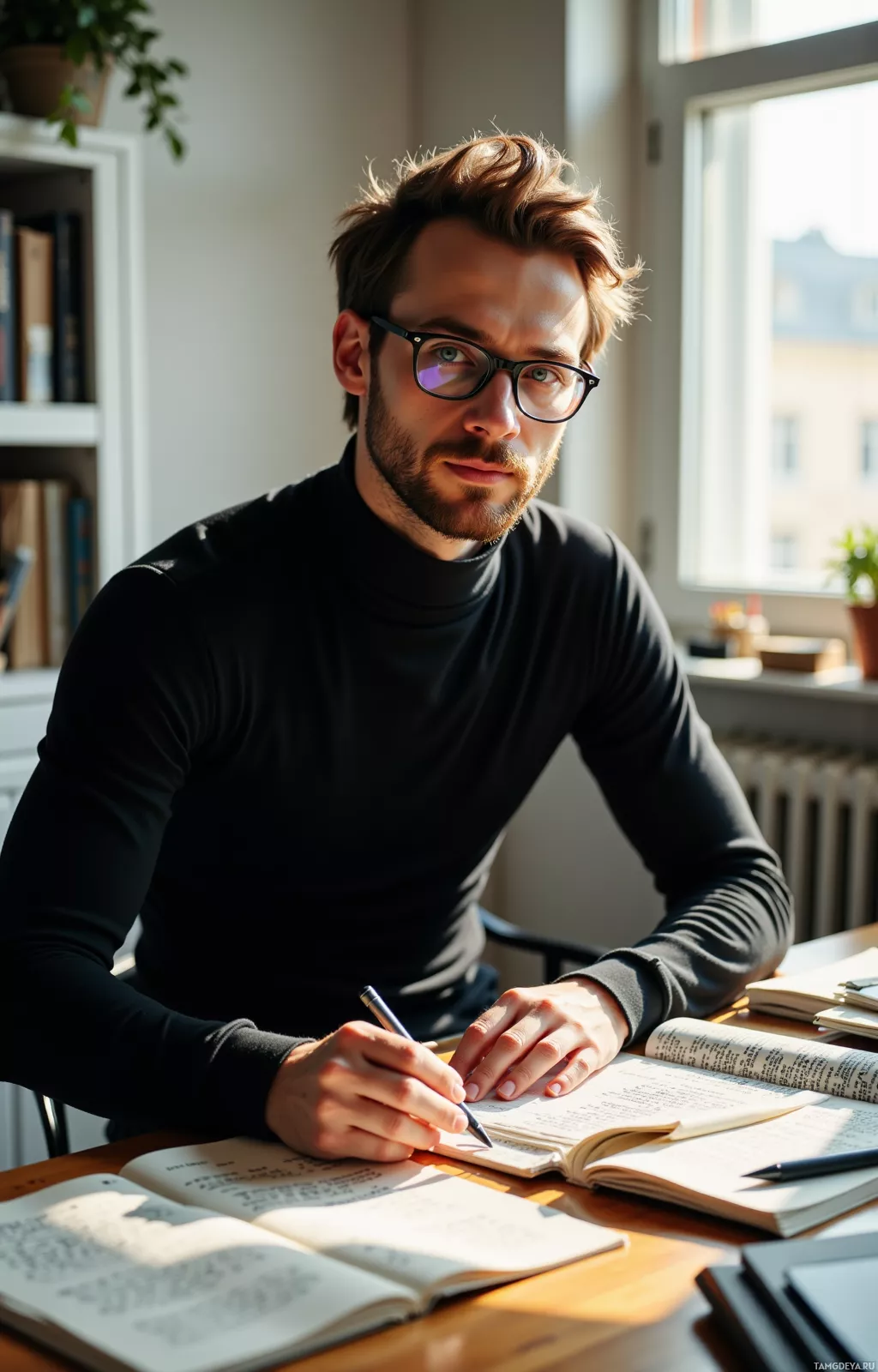 A man wearing glasses and a black turtleneck is sitting at a desk with books and papers, appearing to study or work.