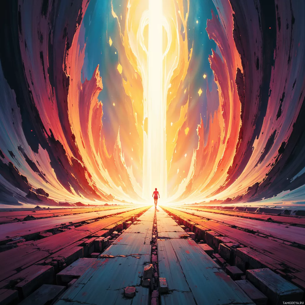 A lone figure walks towards a bright, glowing light at the end of a path in a surreal, colorful landscape.