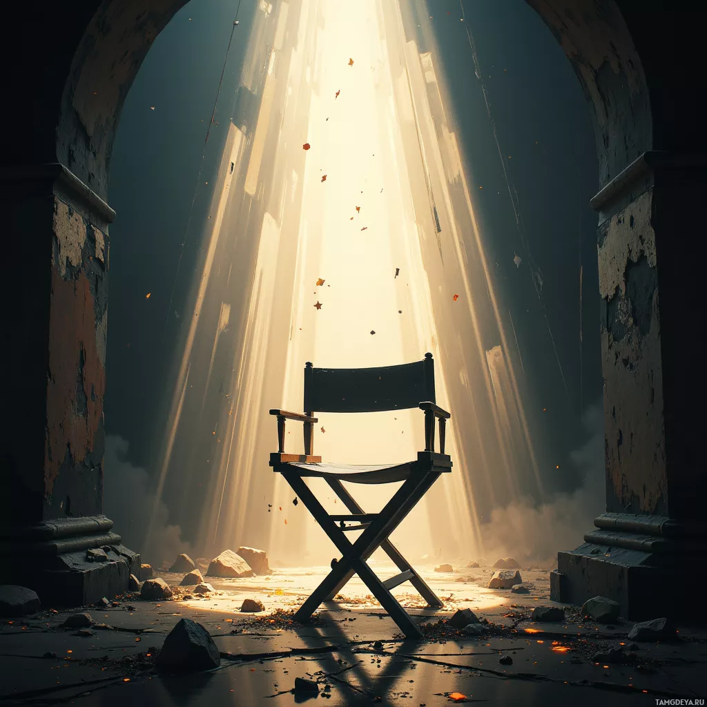 A director's chair sits in a dimly lit, sunlit archway amidst rubble and debris.