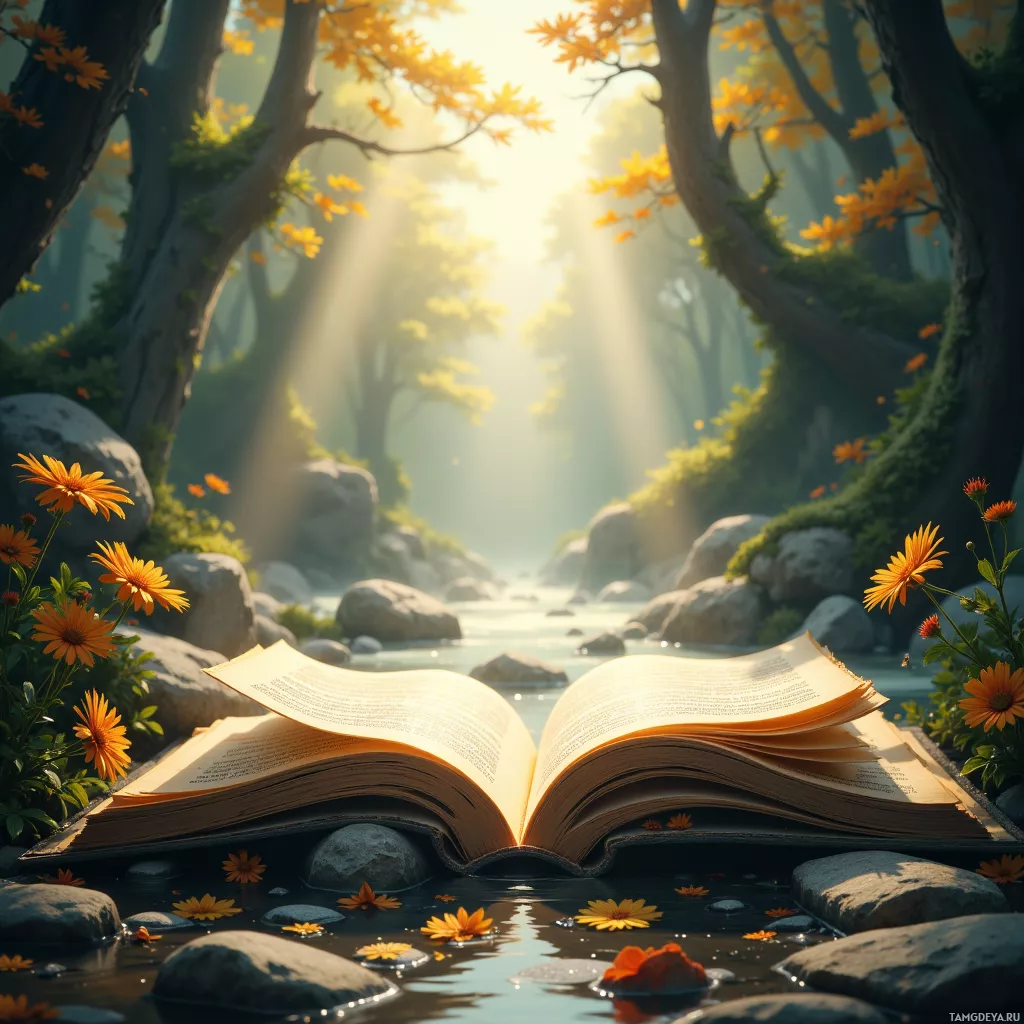 An open book rests on a rock in a serene forest setting with sunlight filtering through the trees.