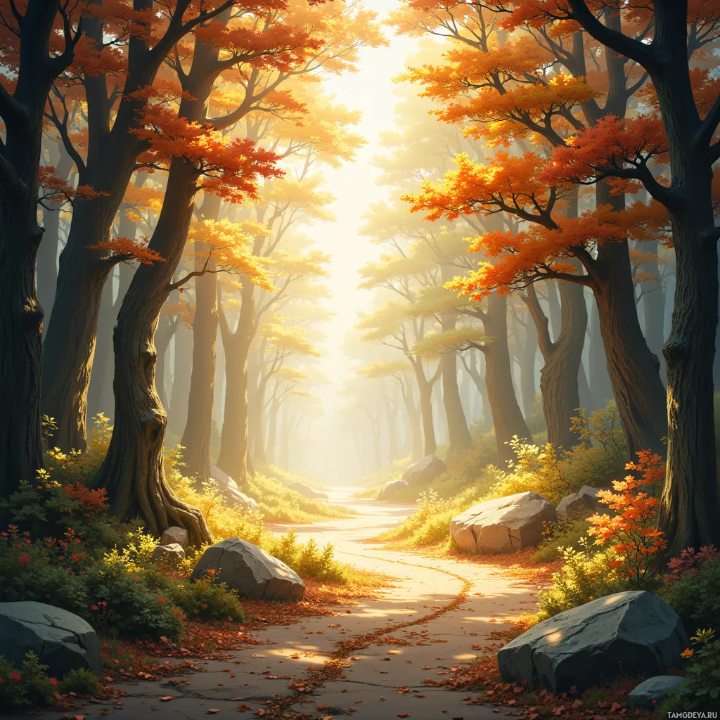A serene autumn forest with golden sunlight filtering through the trees.