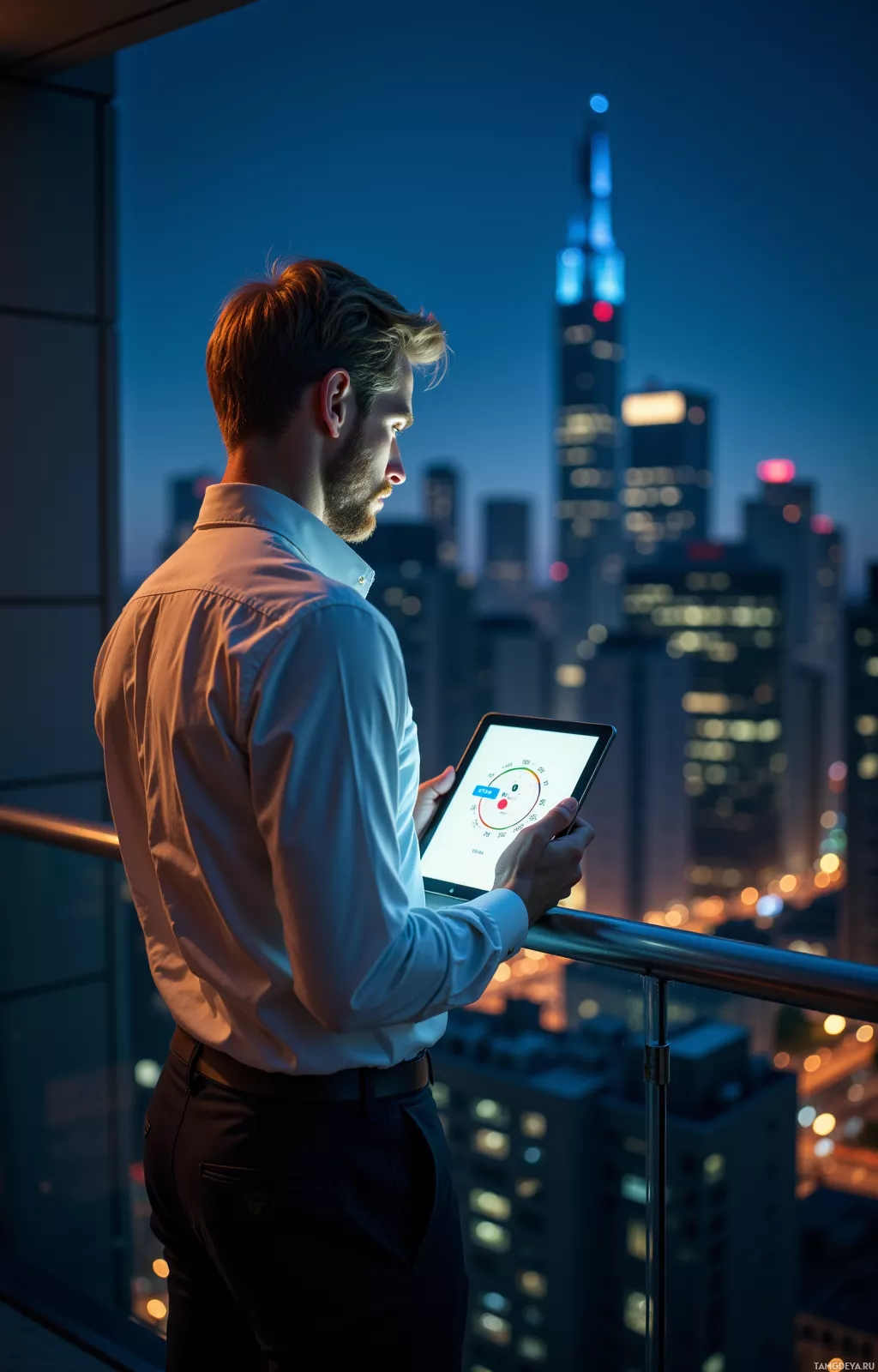 A man stands on a rooftop at night, holding a tablet and looking out over a cityscape.
