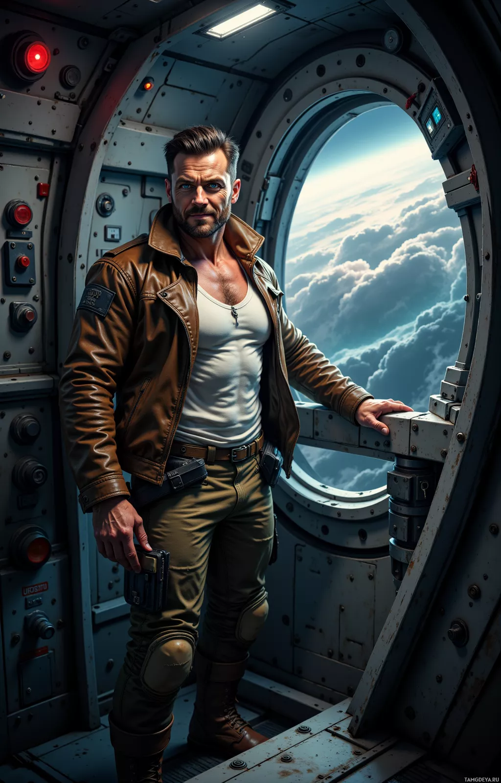 A man in a leather jacket stands inside a spacecraft, looking out at a view of clouds and sky.