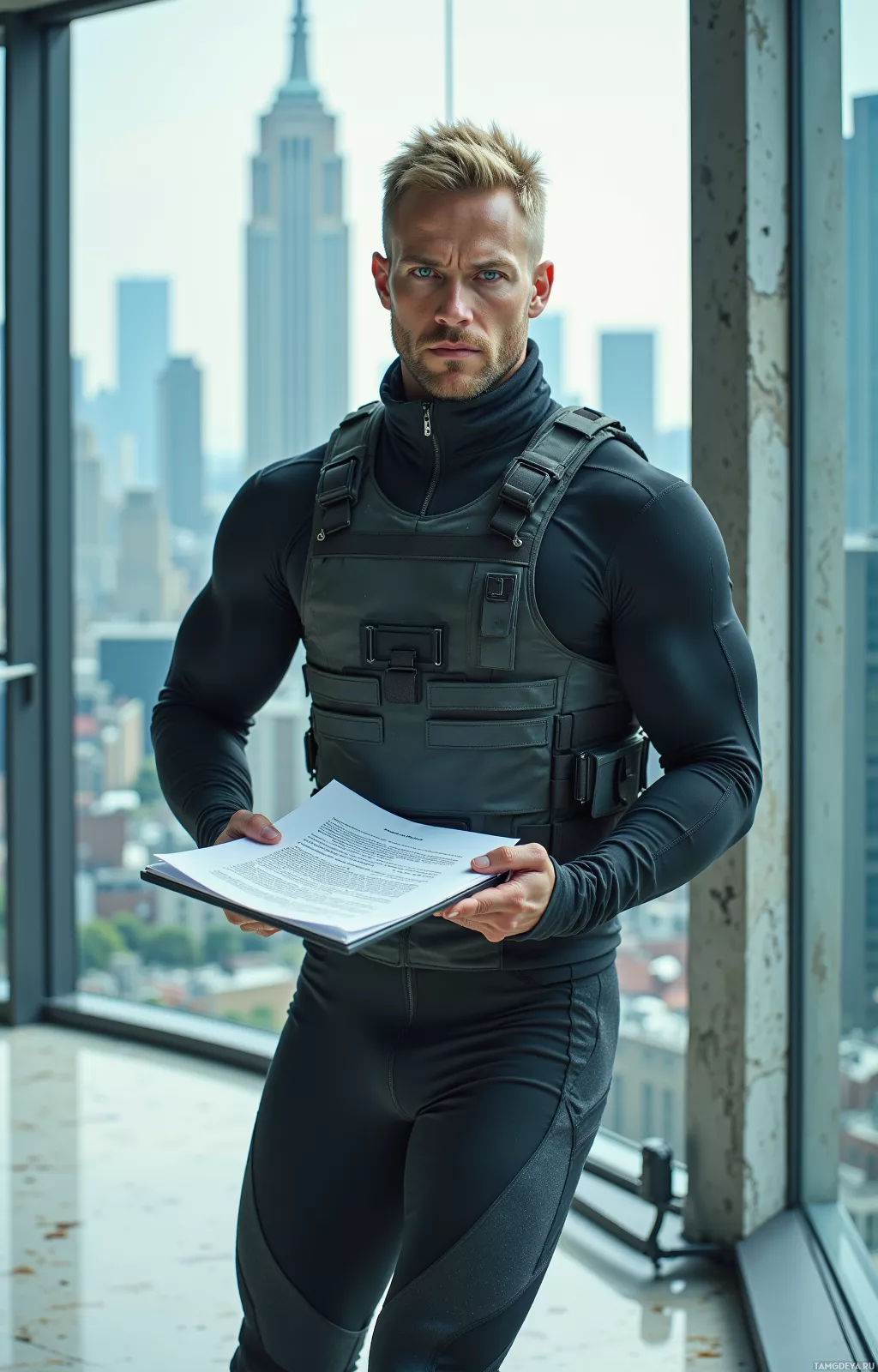 A man in tactical gear stands by a window, holding a document.