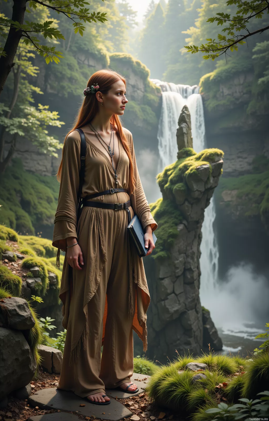 A woman in a flowing dress stands near a waterfall in a lush forest.