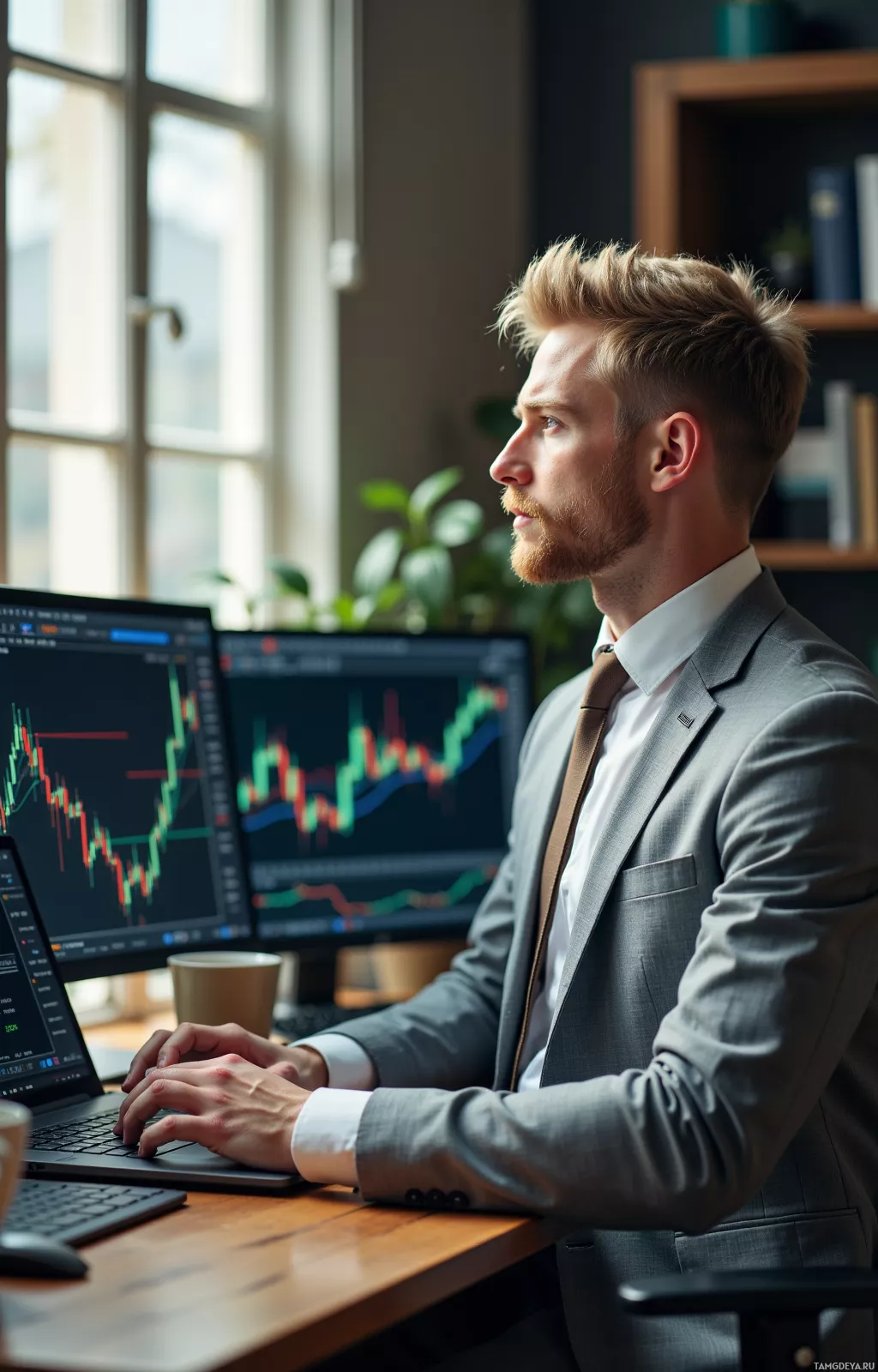 A man in a suit works at a desk with multiple computer screens displaying financial charts.
