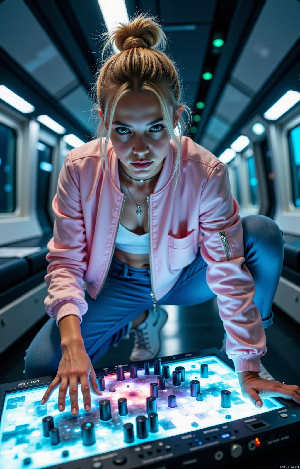 A person in a pink jacket and jeans is crouching and interacting with a glowing electronic device.