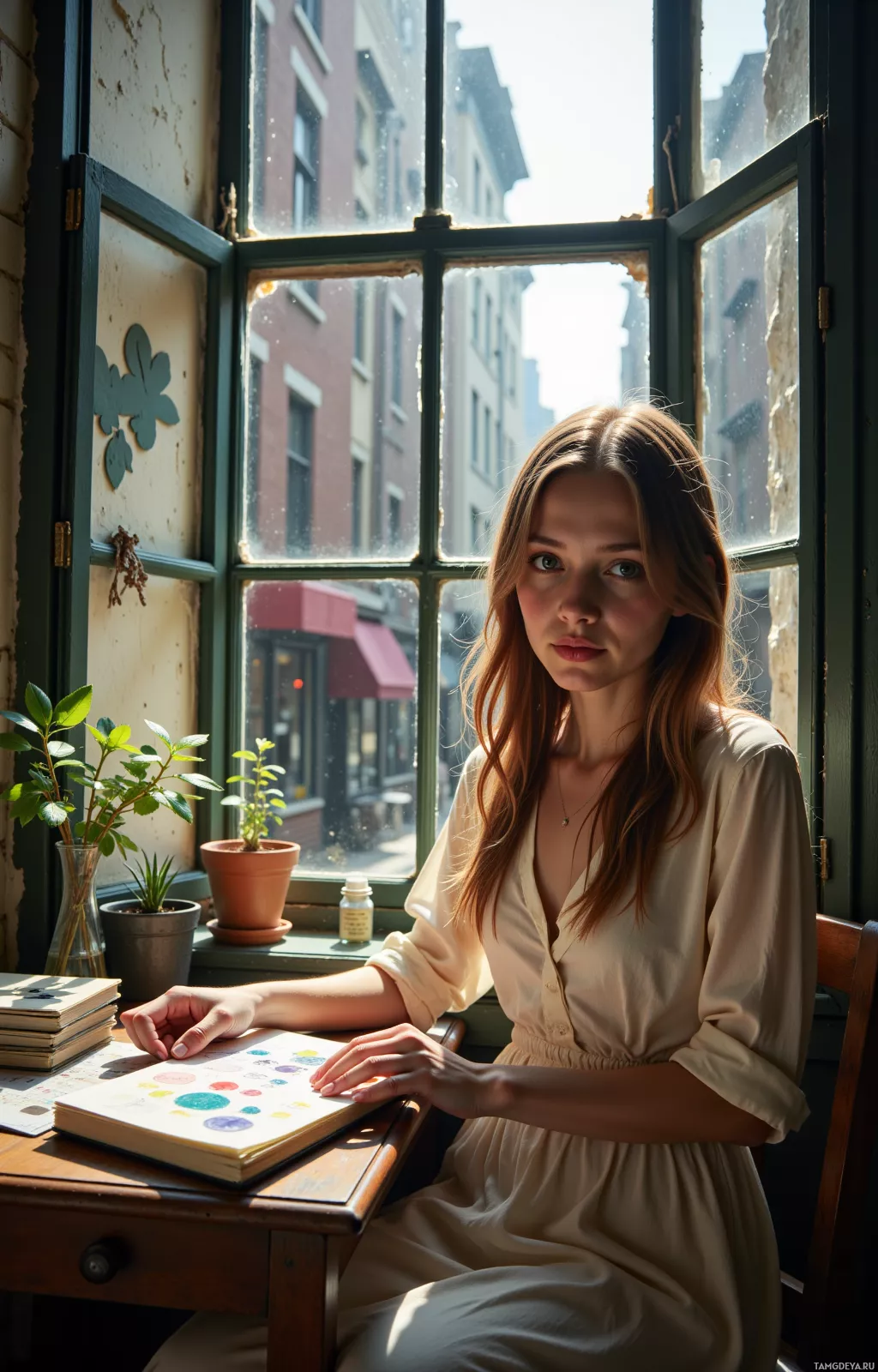 A woman sits by a window, holding a book, with a cityscape visible outside.