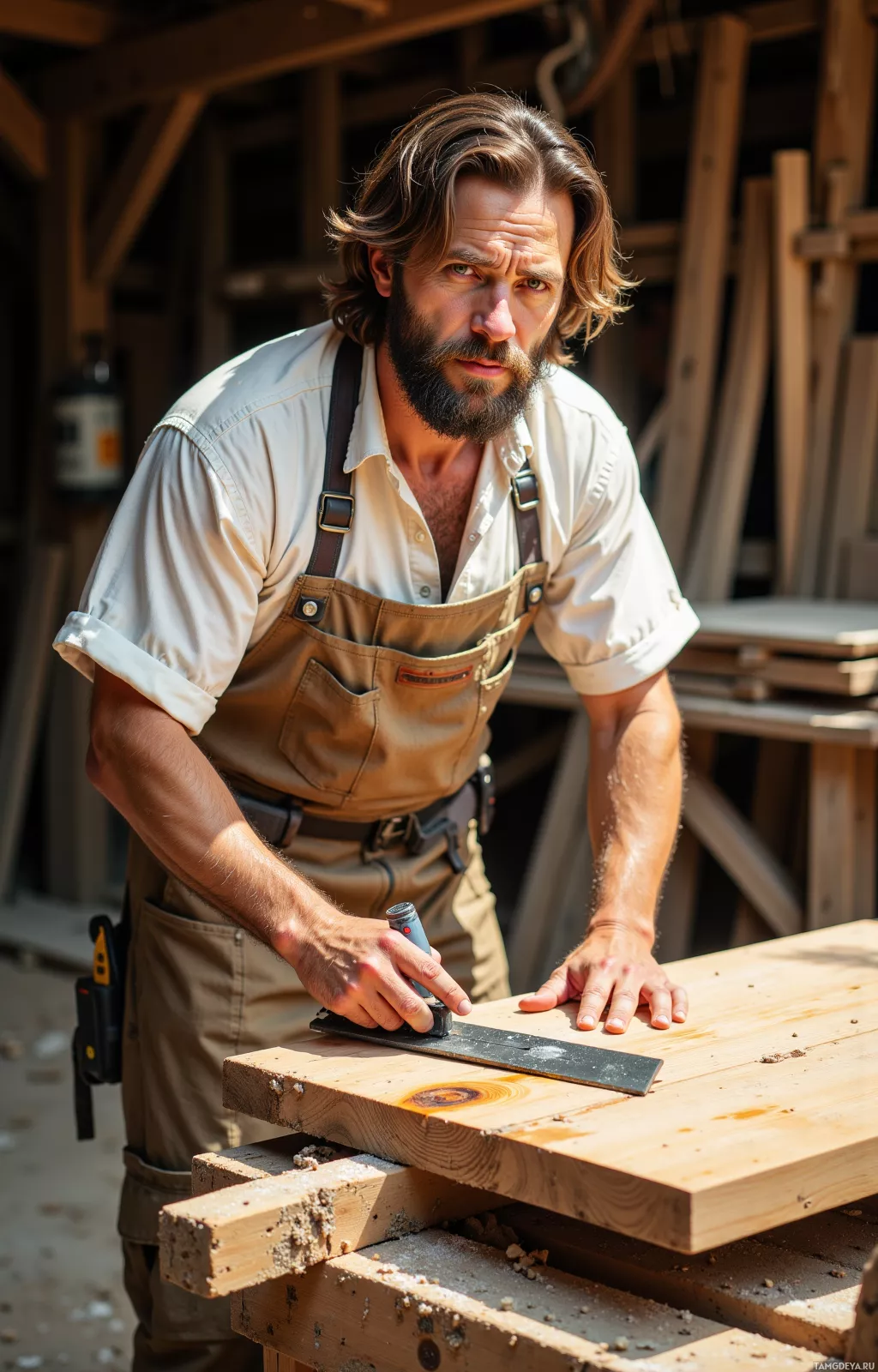 A man in overalls is working on a piece of wood with a hand tool.