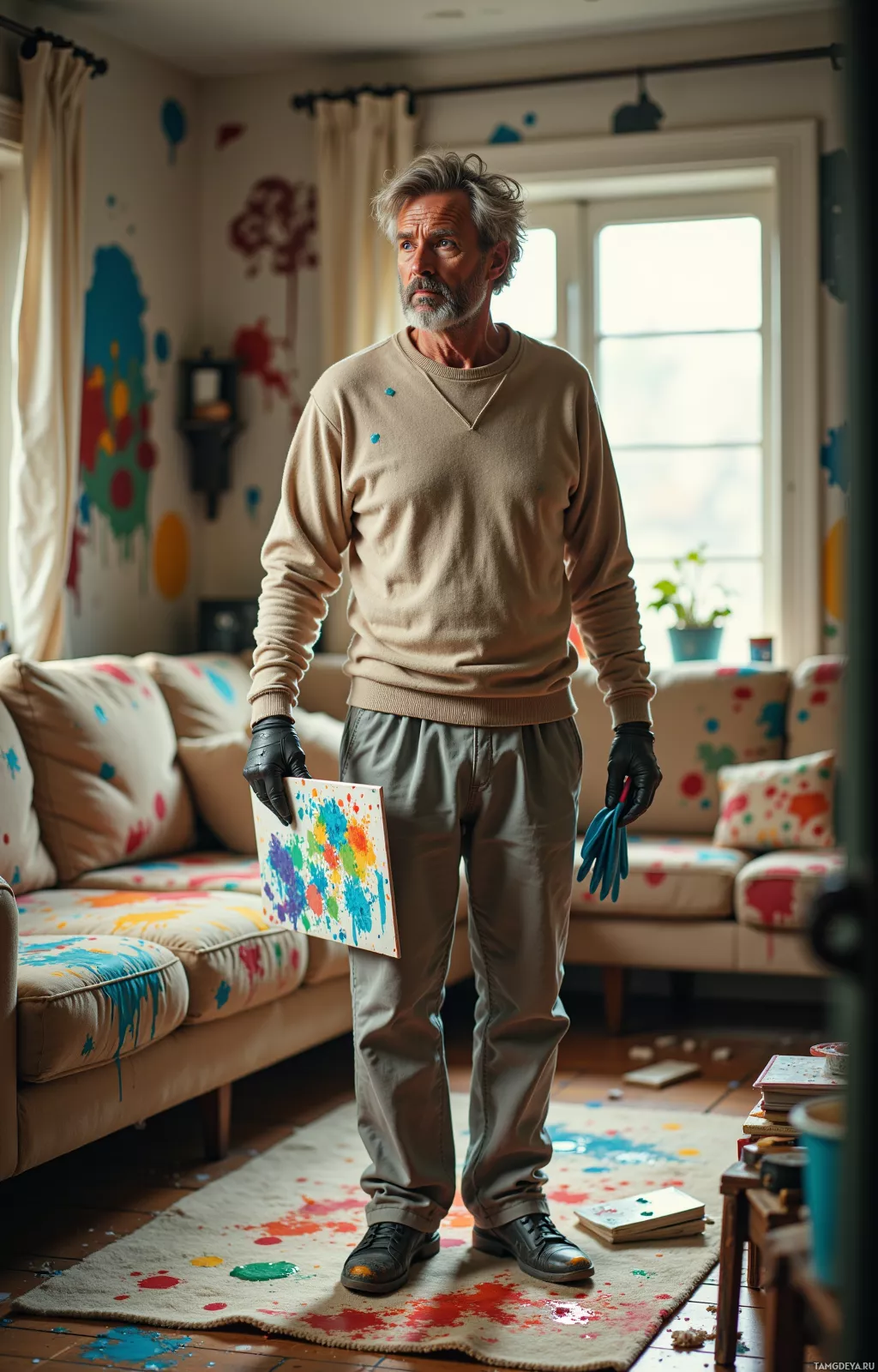 A man stands in a living room with paint splatters on the walls and furniture, holding a paint-covered canvas.