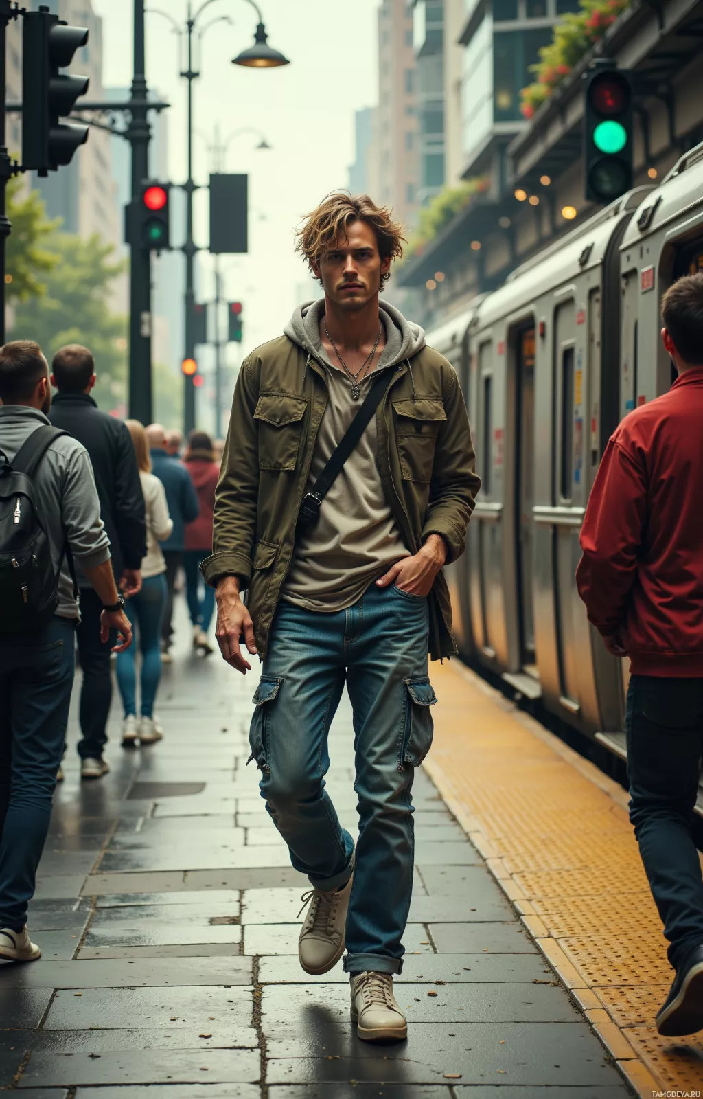 A man in a green jacket and jeans walks on a city sidewalk near a train.