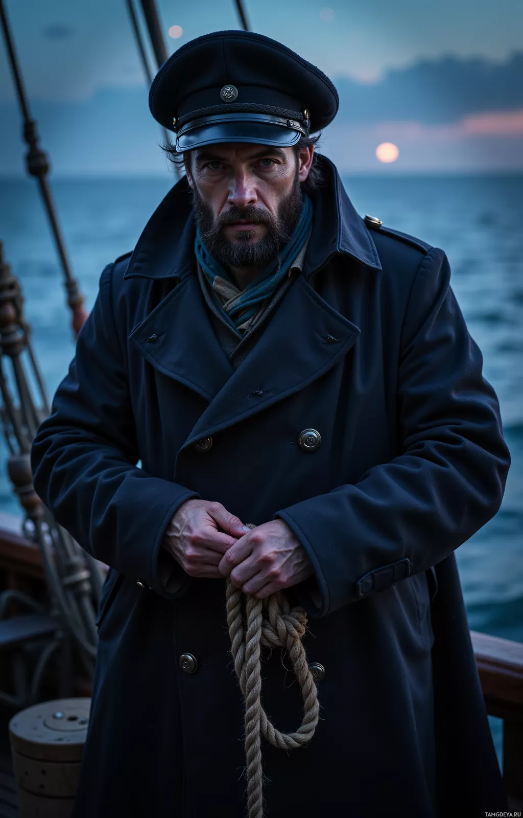 A man in a navy uniform and hat stands on a ship, holding a rope.