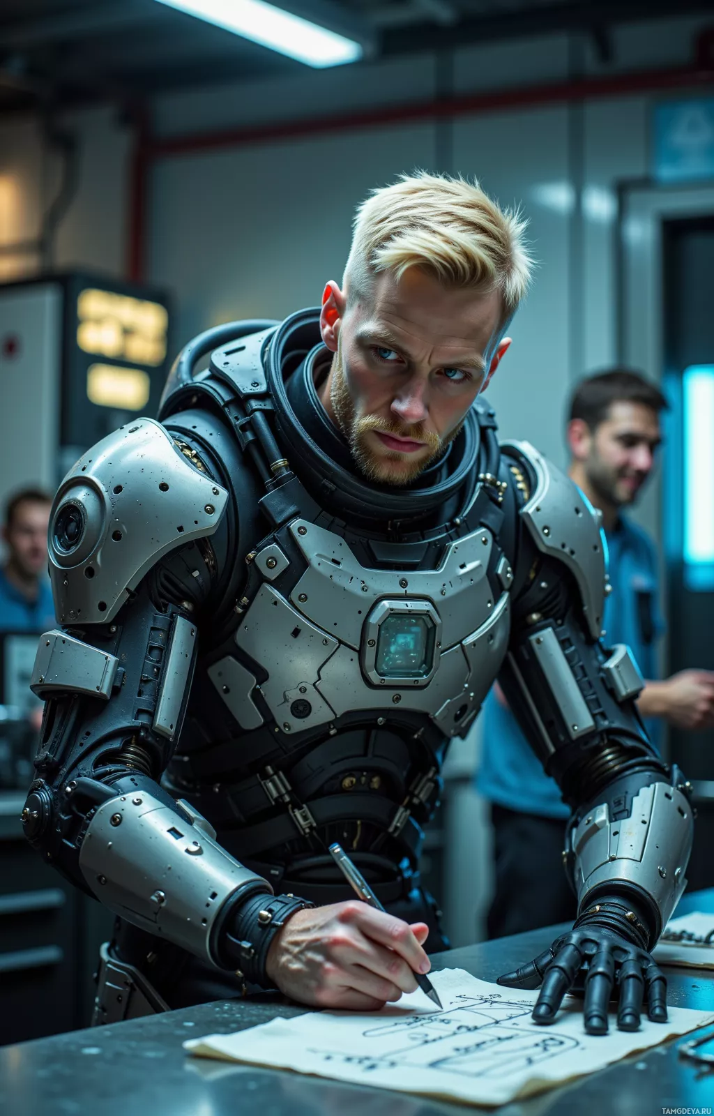 A person in futuristic armor is writing on a piece of paper in a laboratory setting.