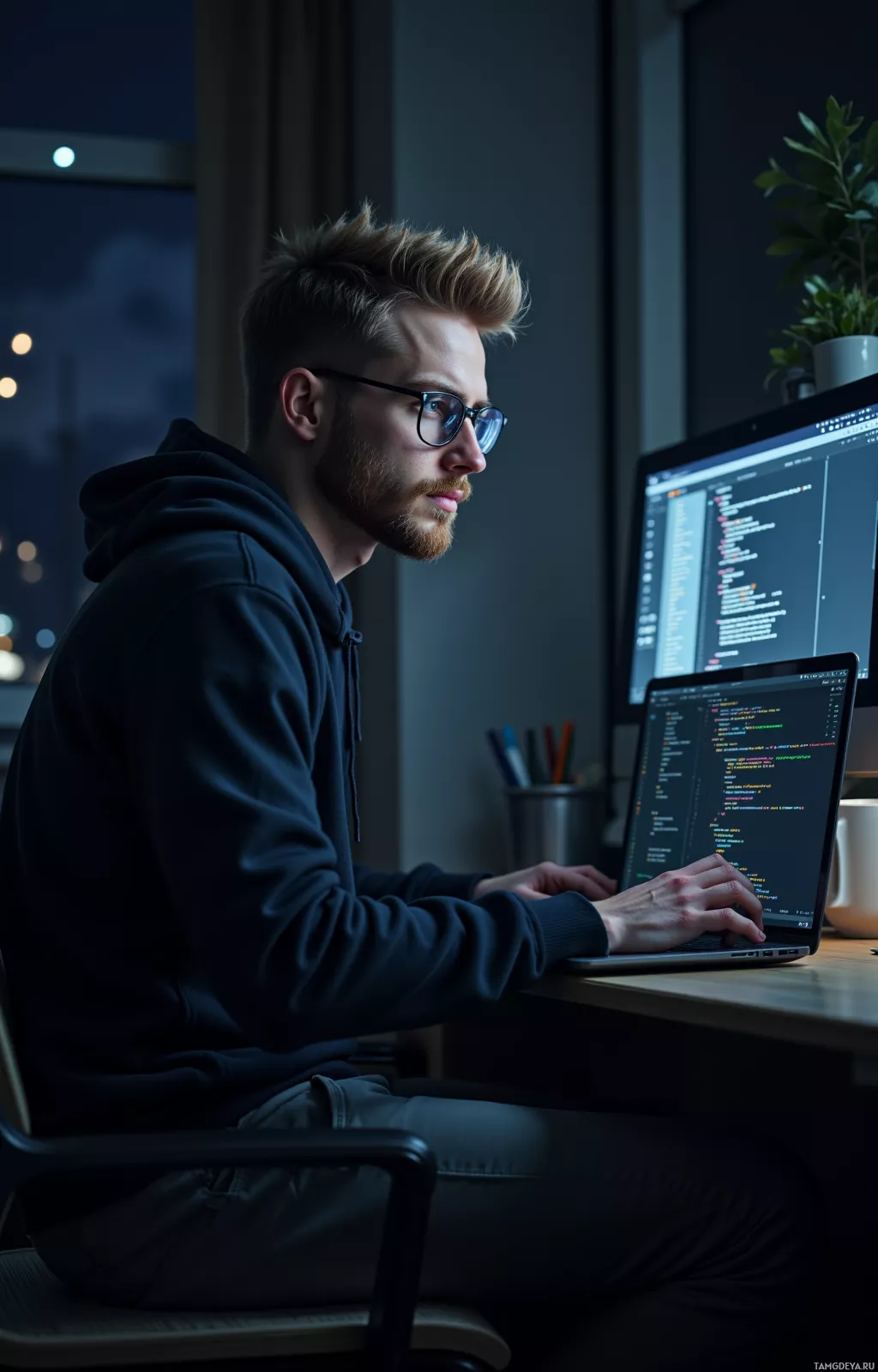 A person wearing glasses works on a laptop with code visible on the screen.