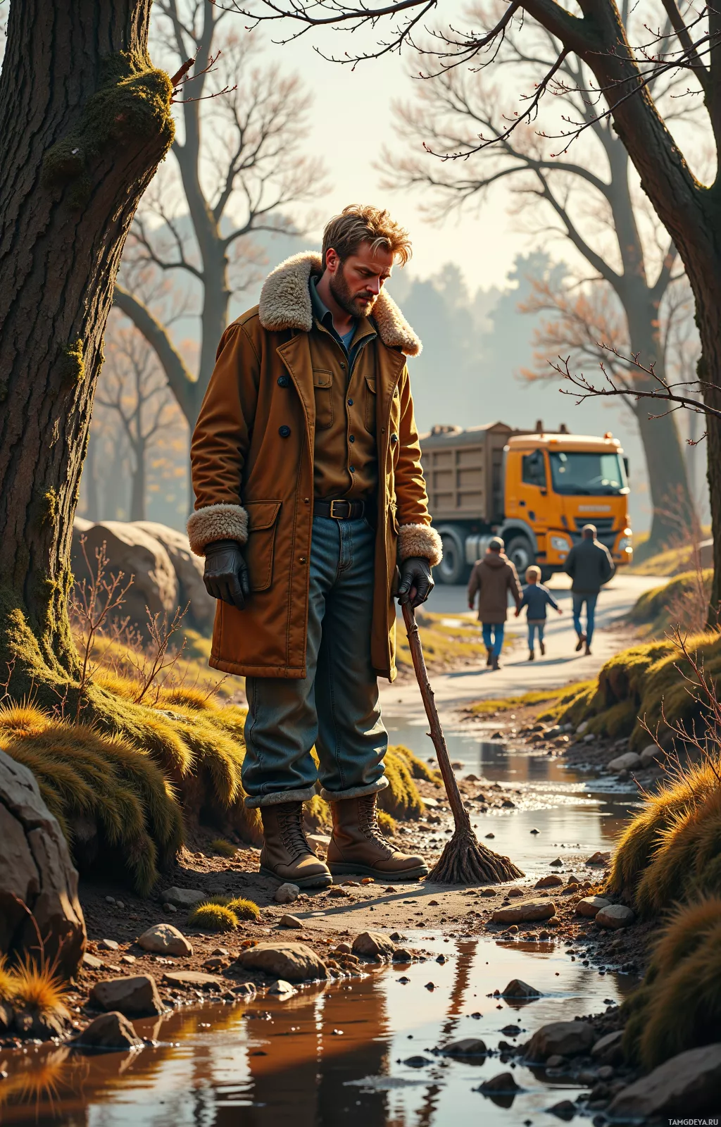 A man in a brown coat stands by a stream, holding a stick, with a truck and people in the background.