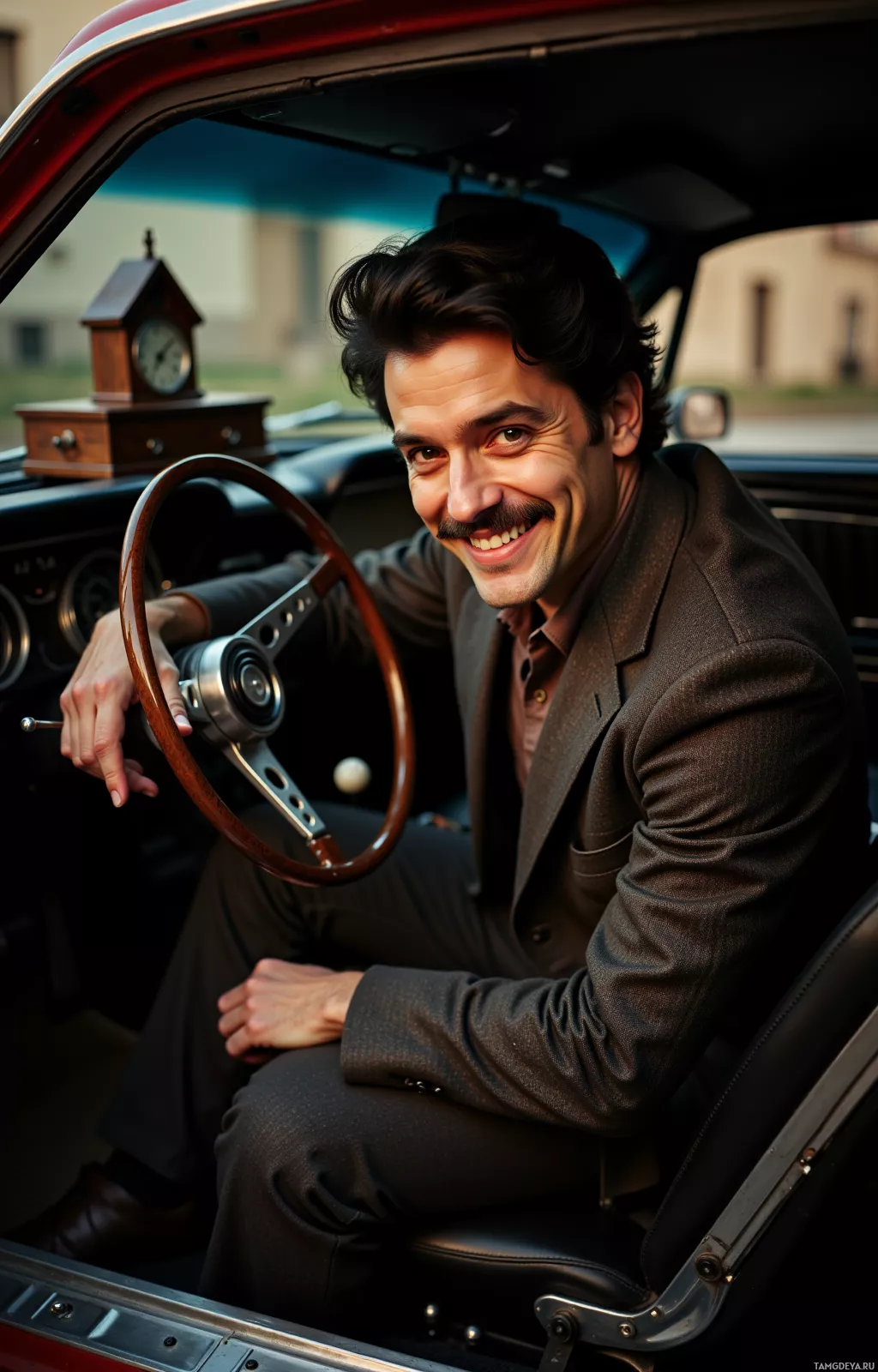 A man in a suit sits in the driver's seat of a vintage car, smiling.
