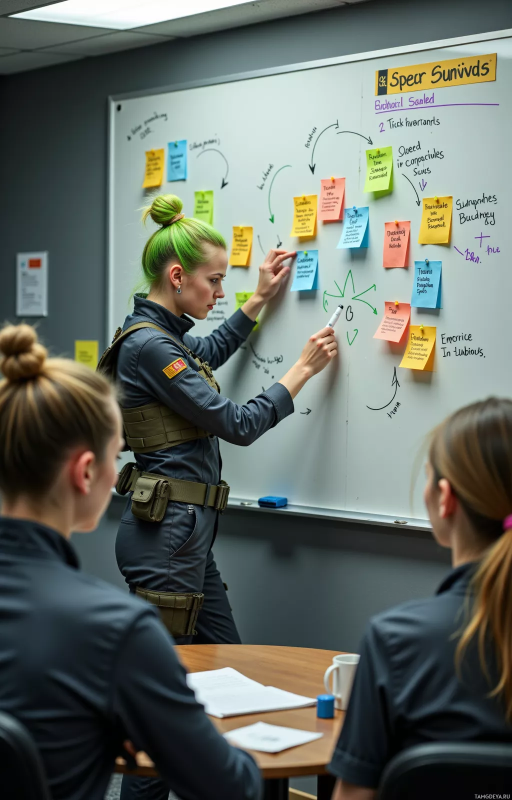A person in uniform stands at a whiteboard, pointing at notes while others listen attentively.