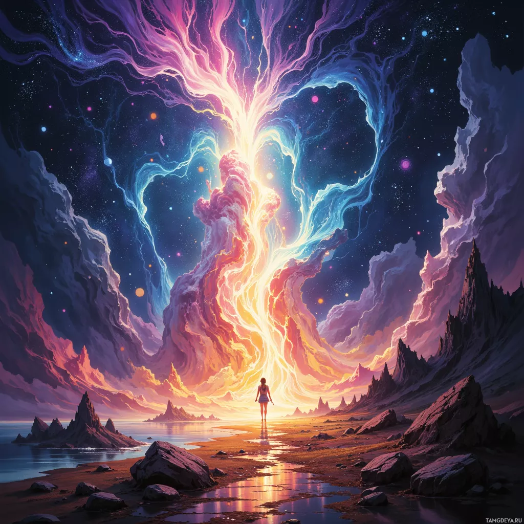 A person stands on a rocky beach under a vibrant, cosmic sky with swirling clouds and a glowing celestial portal.