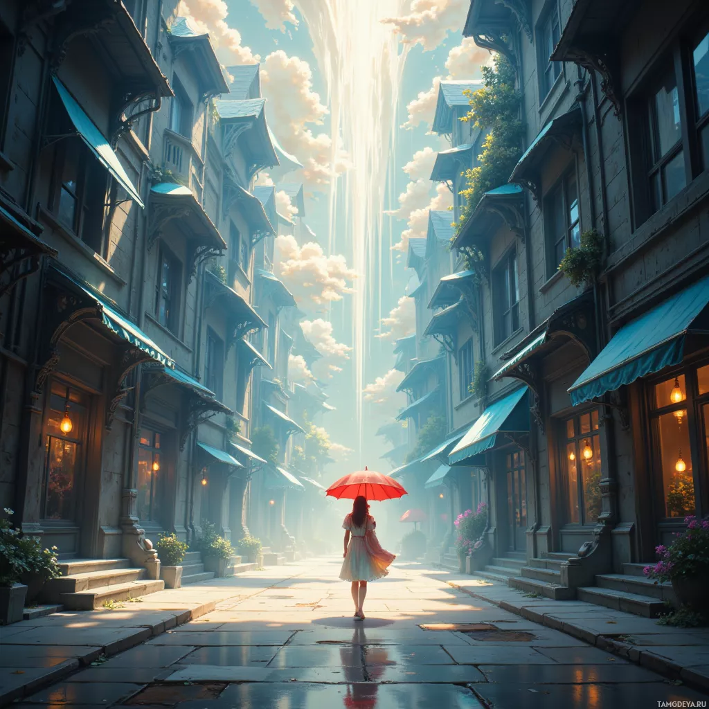 A woman walks down a sunlit, narrow street lined with historic buildings and awnings.