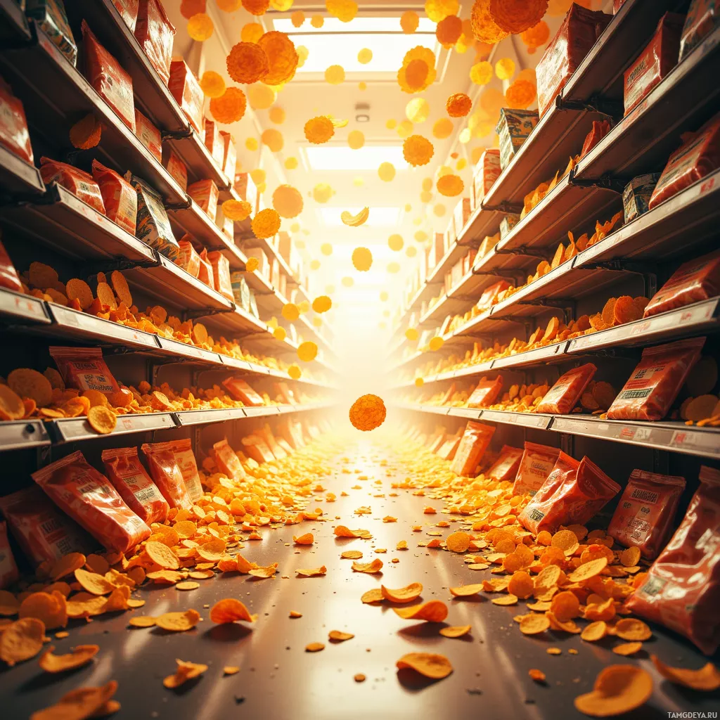 A grocery store aisle filled with shelves of snacks and chips, with chips falling from the ceiling.