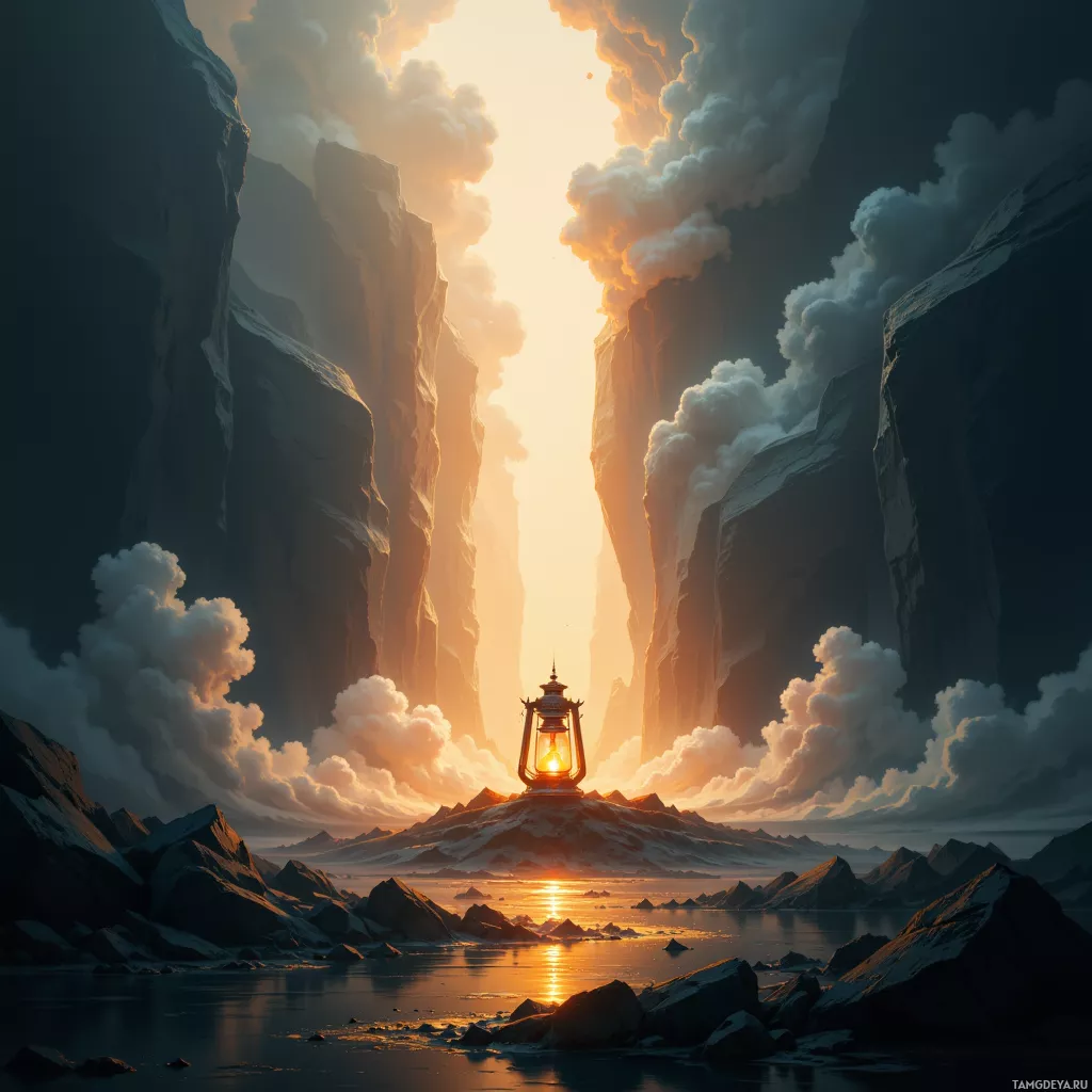 A serene landscape featuring towering cliffs, a glowing lantern, and a tranquil body of water reflecting the sunset.