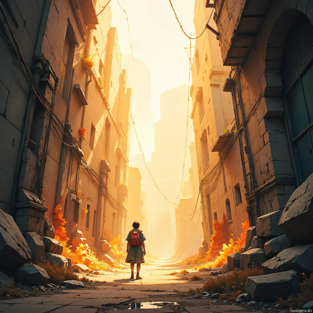 A person walks down a sunlit alleyway between old buildings.
