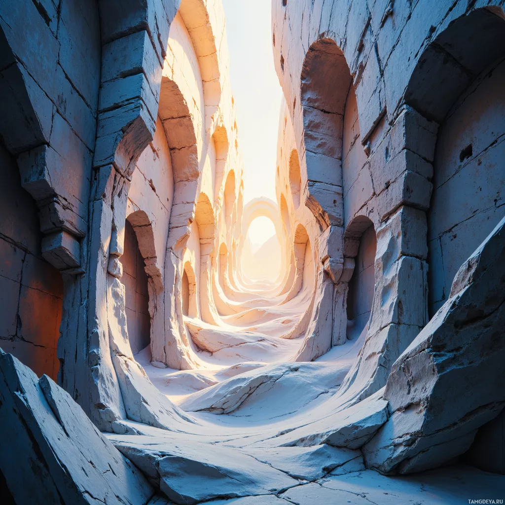 A sunlit, ancient stone corridor with arches leading towards a bright opening.