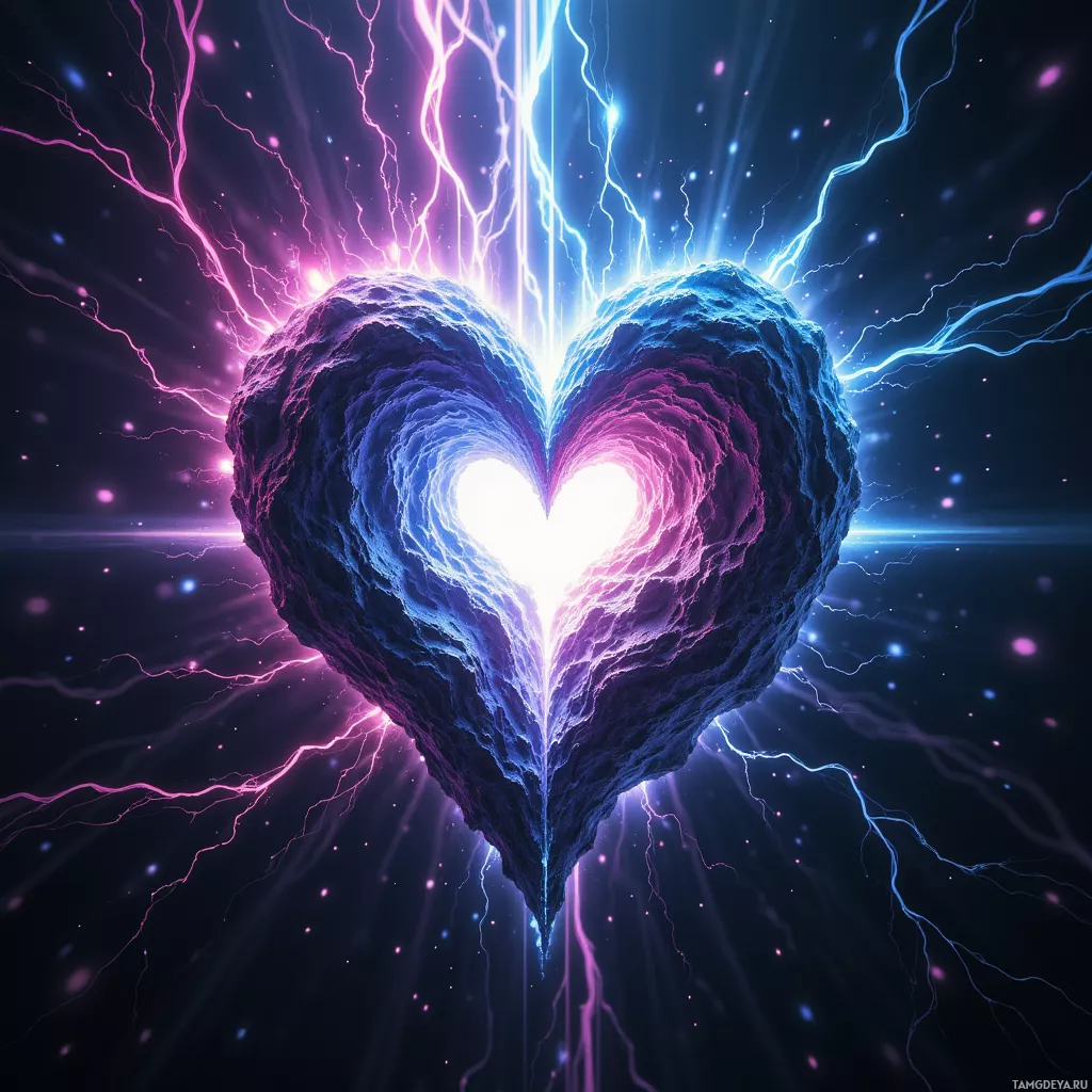 A glowing heart-shaped figure with electric energy and sparkles around it.