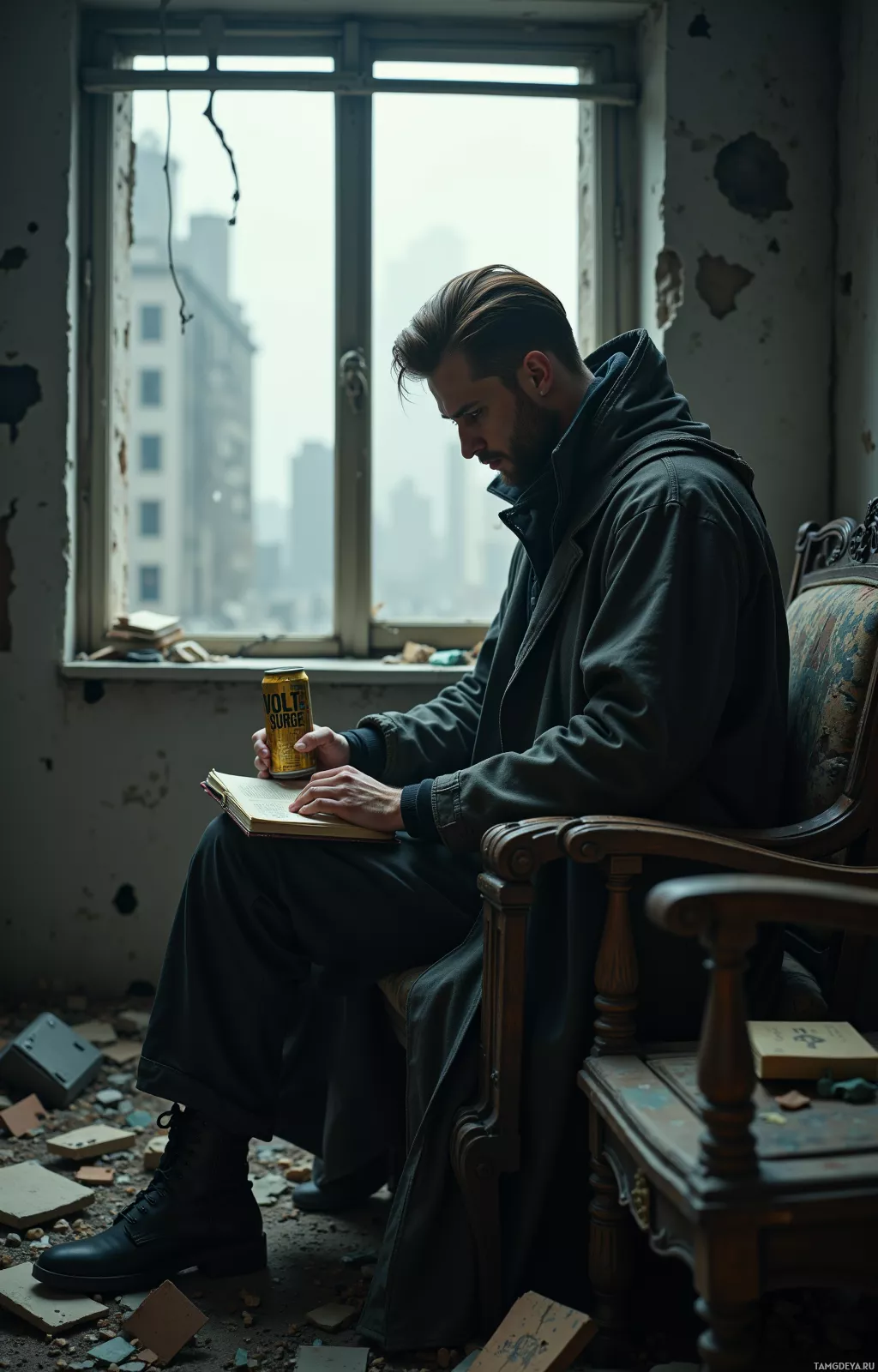 A man sits in a dilapidated room, reading a book and holding a can of soda.