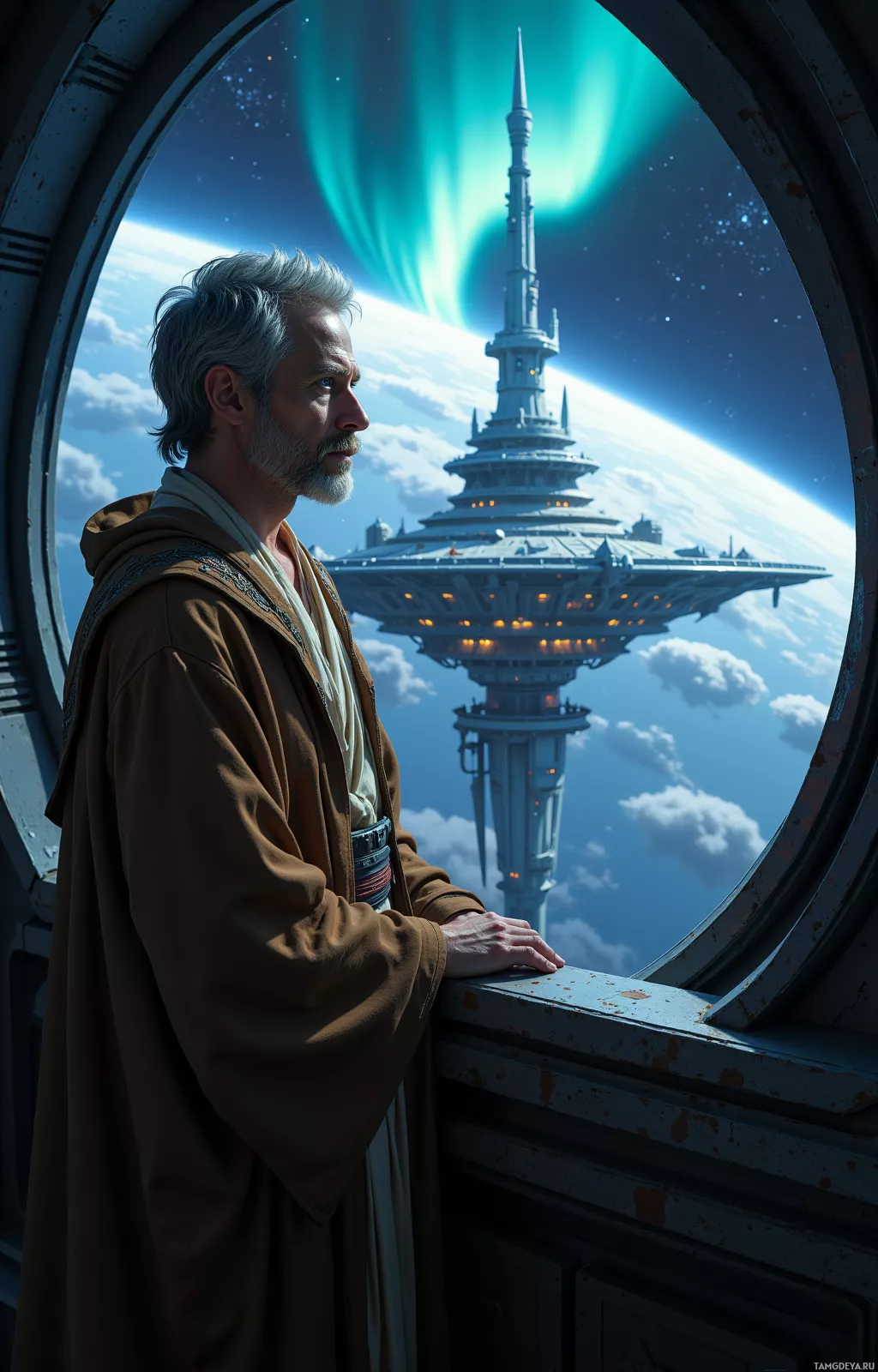 A person in a brown robe stands at a porthole, gazing at a futuristic tower and a planet with aurora-like lights.