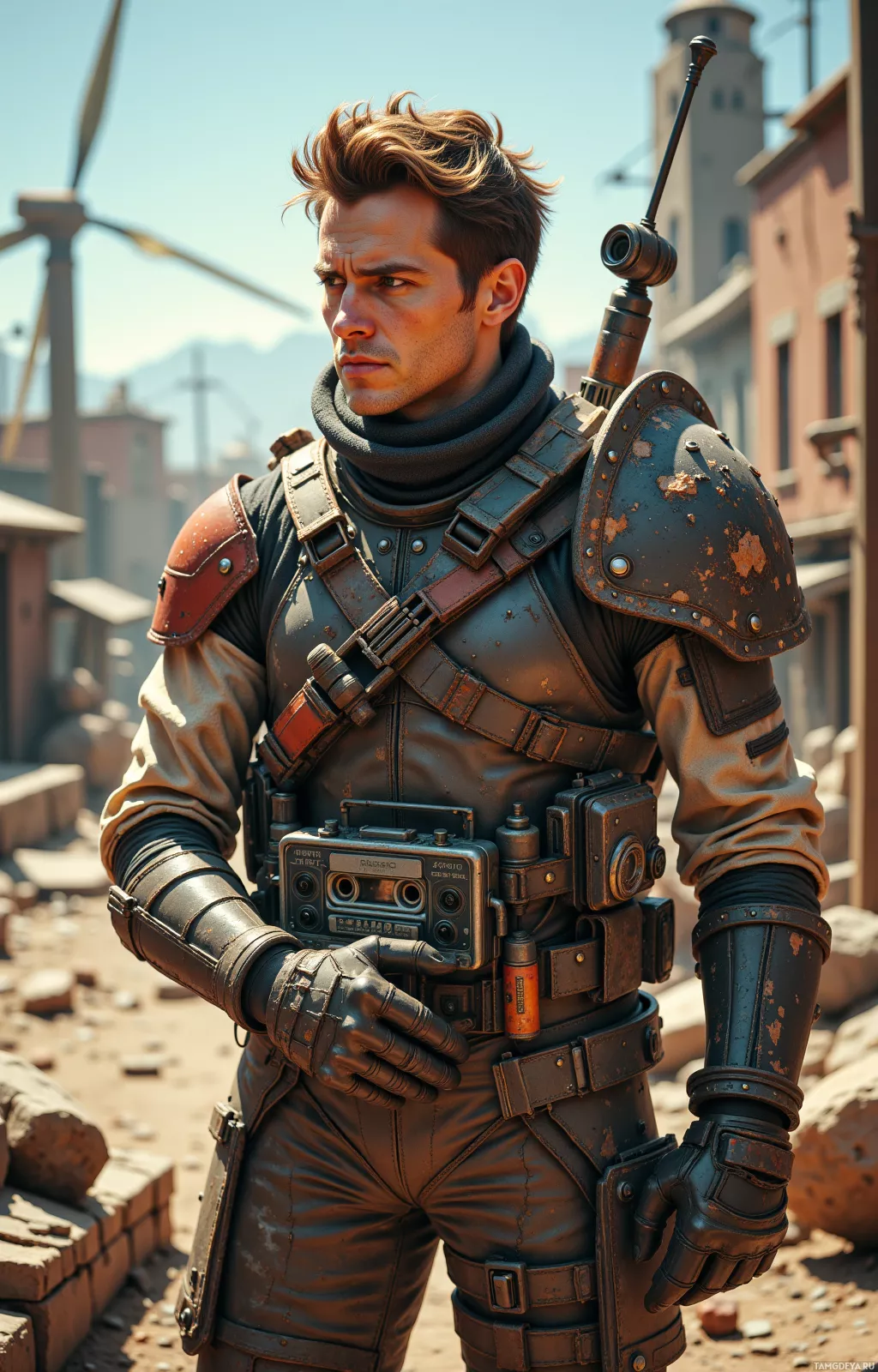 A rugged individual in a post-apocalyptic setting, wearing a leather outfit and carrying a communication device.