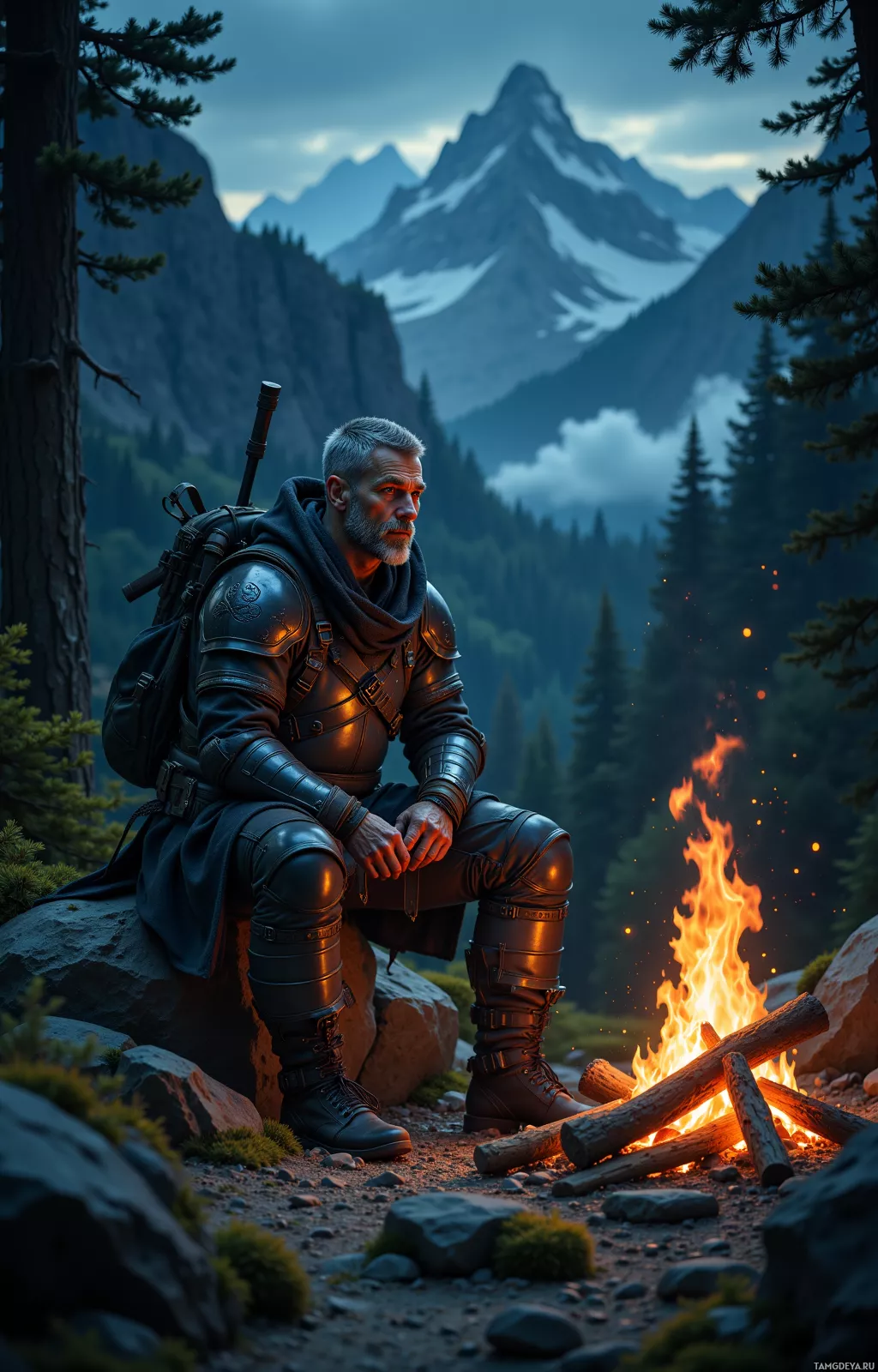 A knight in armor sits by a campfire in a mountainous forest.