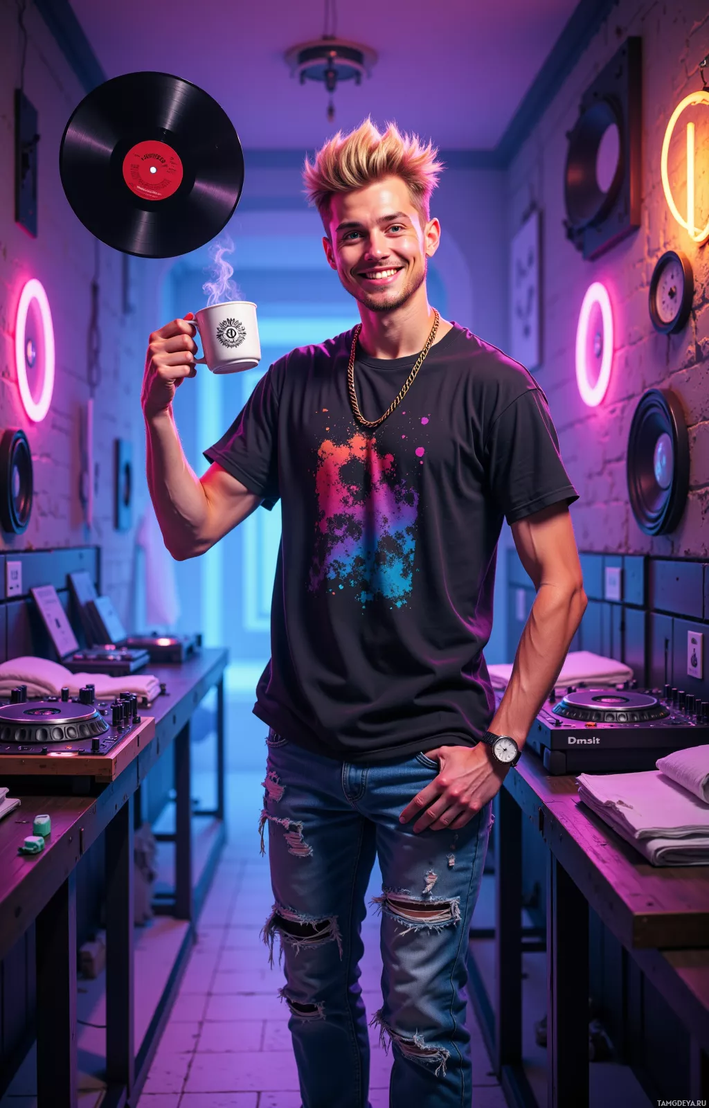 A person stands in a vibrant, neon-lit room holding a coffee mug, wearing a colorful t-shirt and ripped jeans.