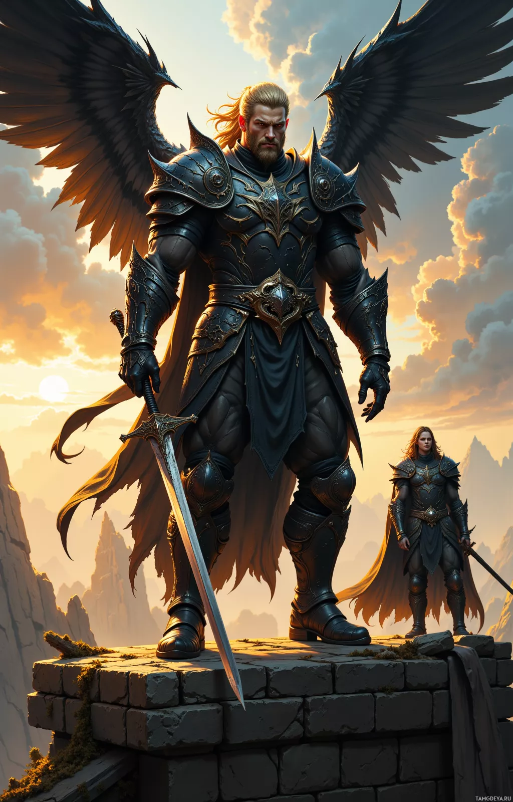 A warrior in ornate armor stands on a stone platform, holding a sword, with another figure in the background.