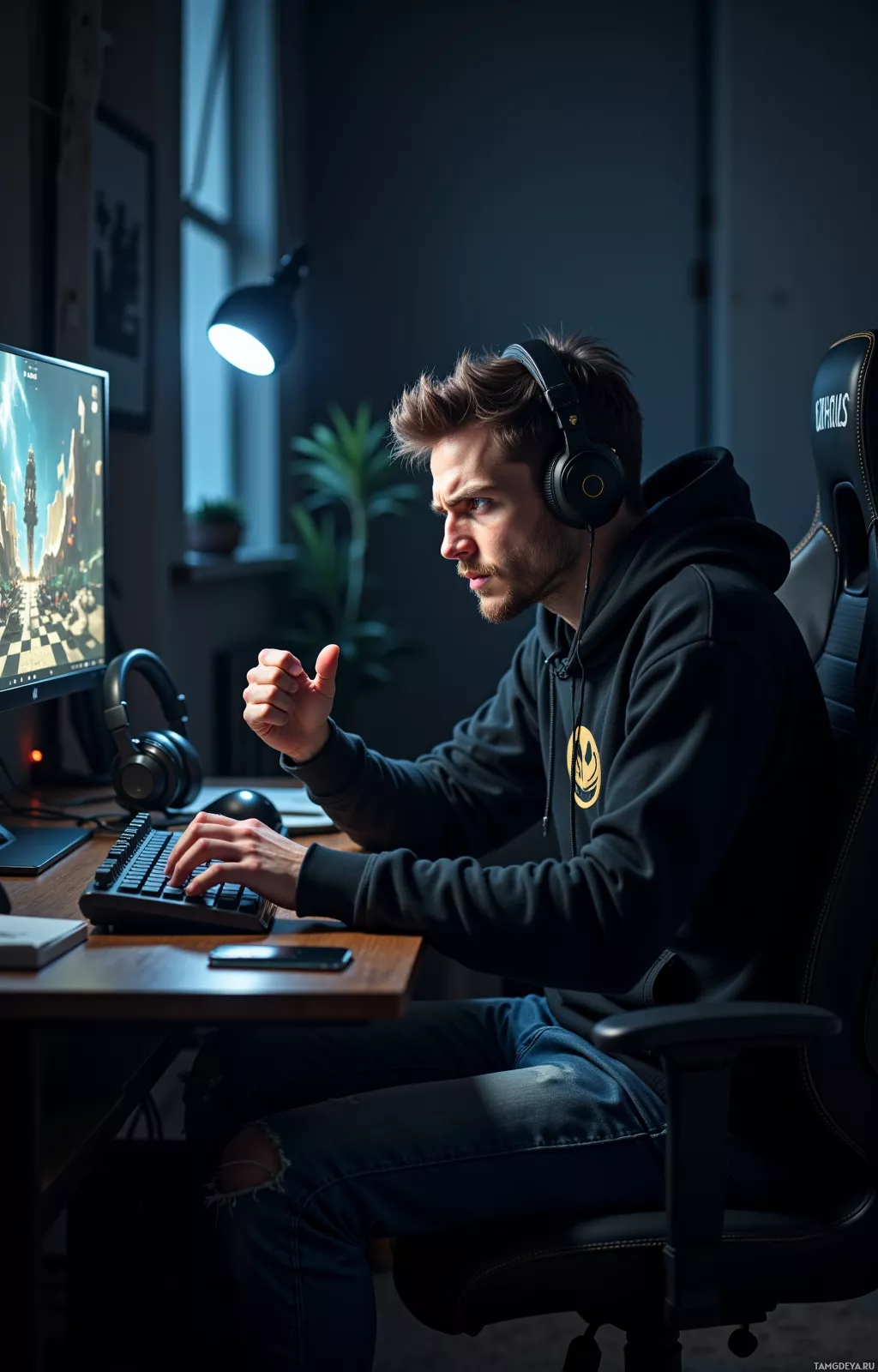 A person wearing headphones sits at a desk, focused on a computer screen.