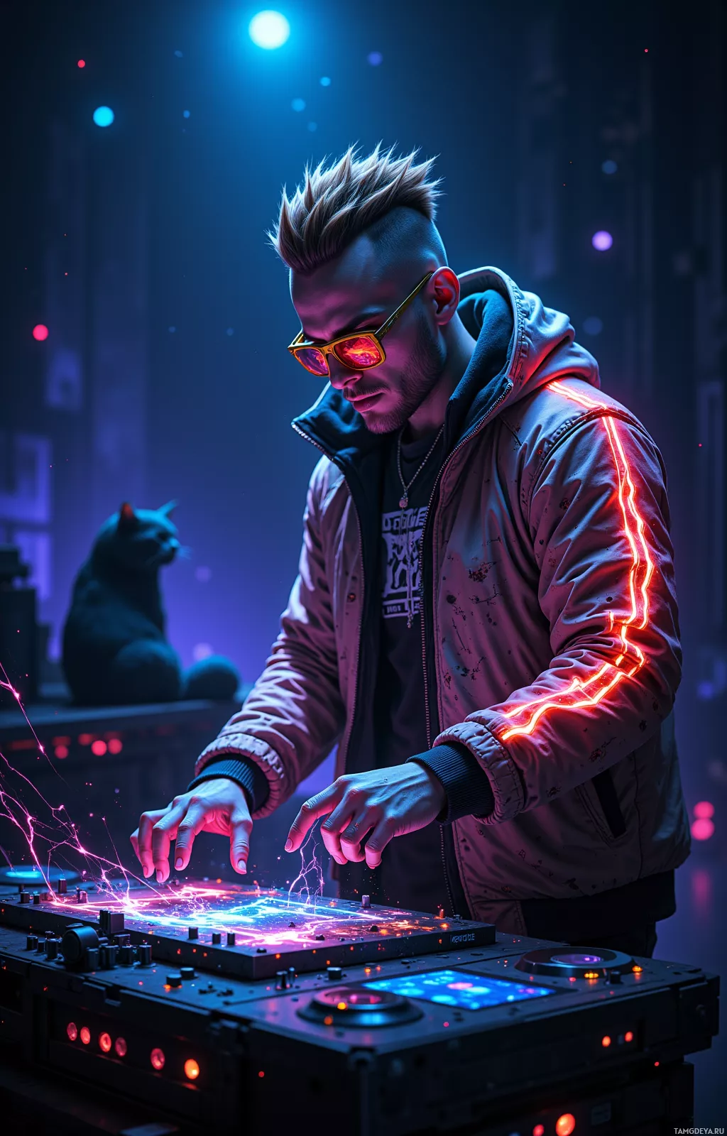 A person in a futuristic setting, wearing sunglasses and a jacket, is operating a DJ console with glowing effects.