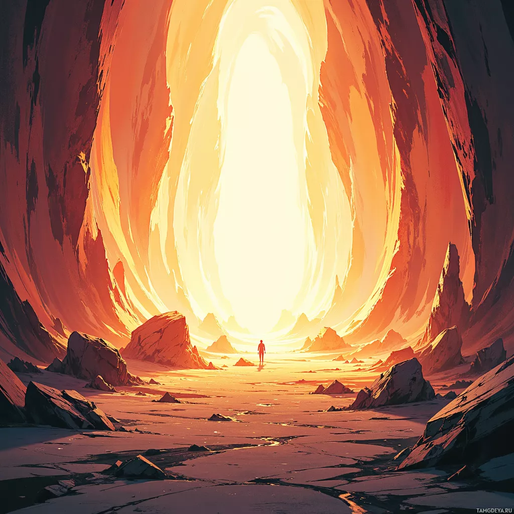 A lone figure stands at the entrance of a vast, fiery cave.