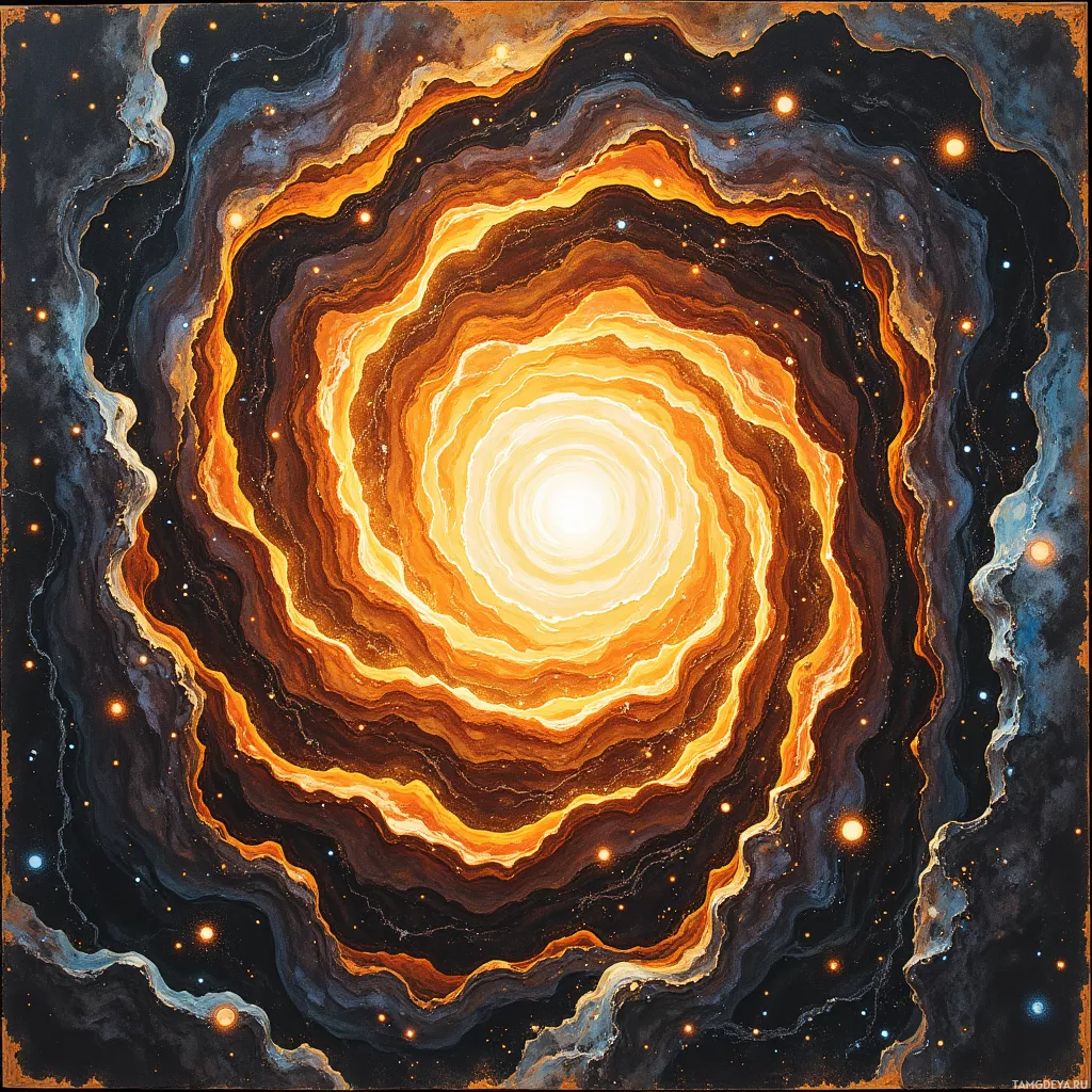 A vibrant, concentric spiral with warm hues and glowing particles set against a dark cosmic background.