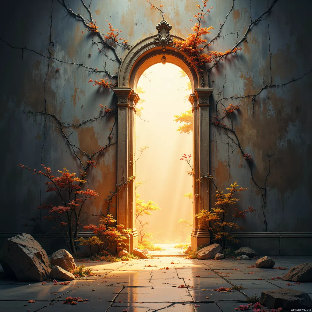 An ornate archway with ivy and autumn foliage leading to a bright, sunlit path.