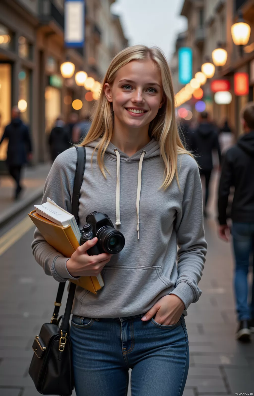 A young woman in a gray hoodie and jeans carries a camera and books, walking down a city street.