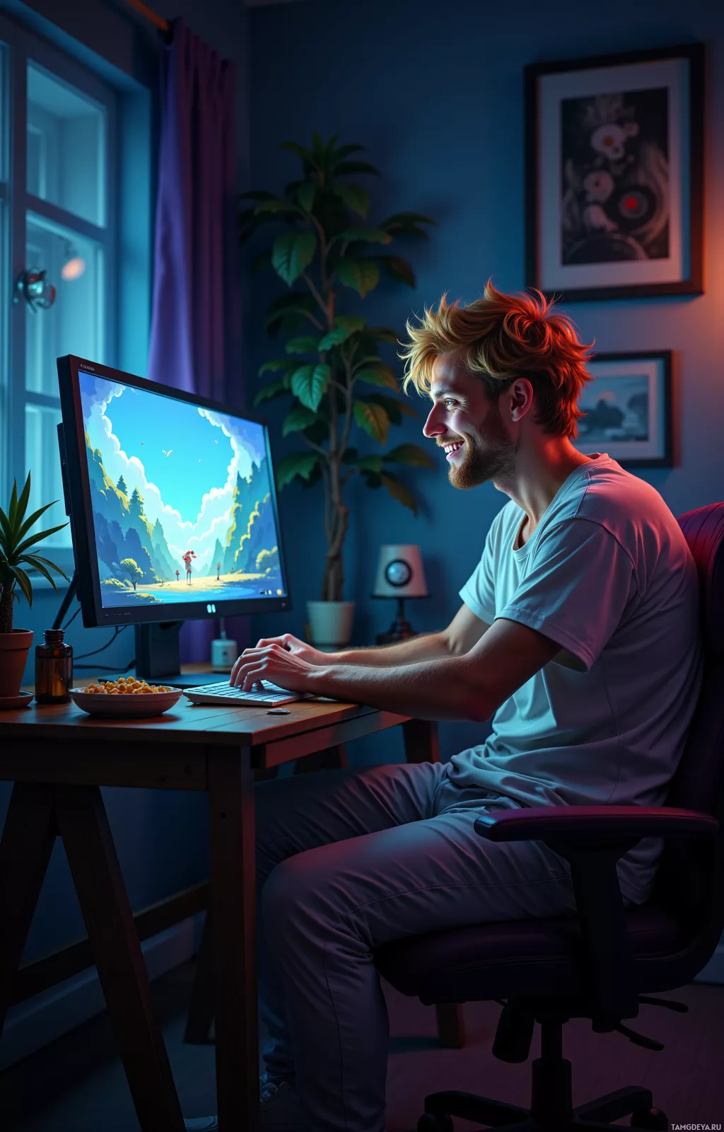 A person is sitting at a desk in a dimly lit room, working on a computer with a scenic wallpaper.