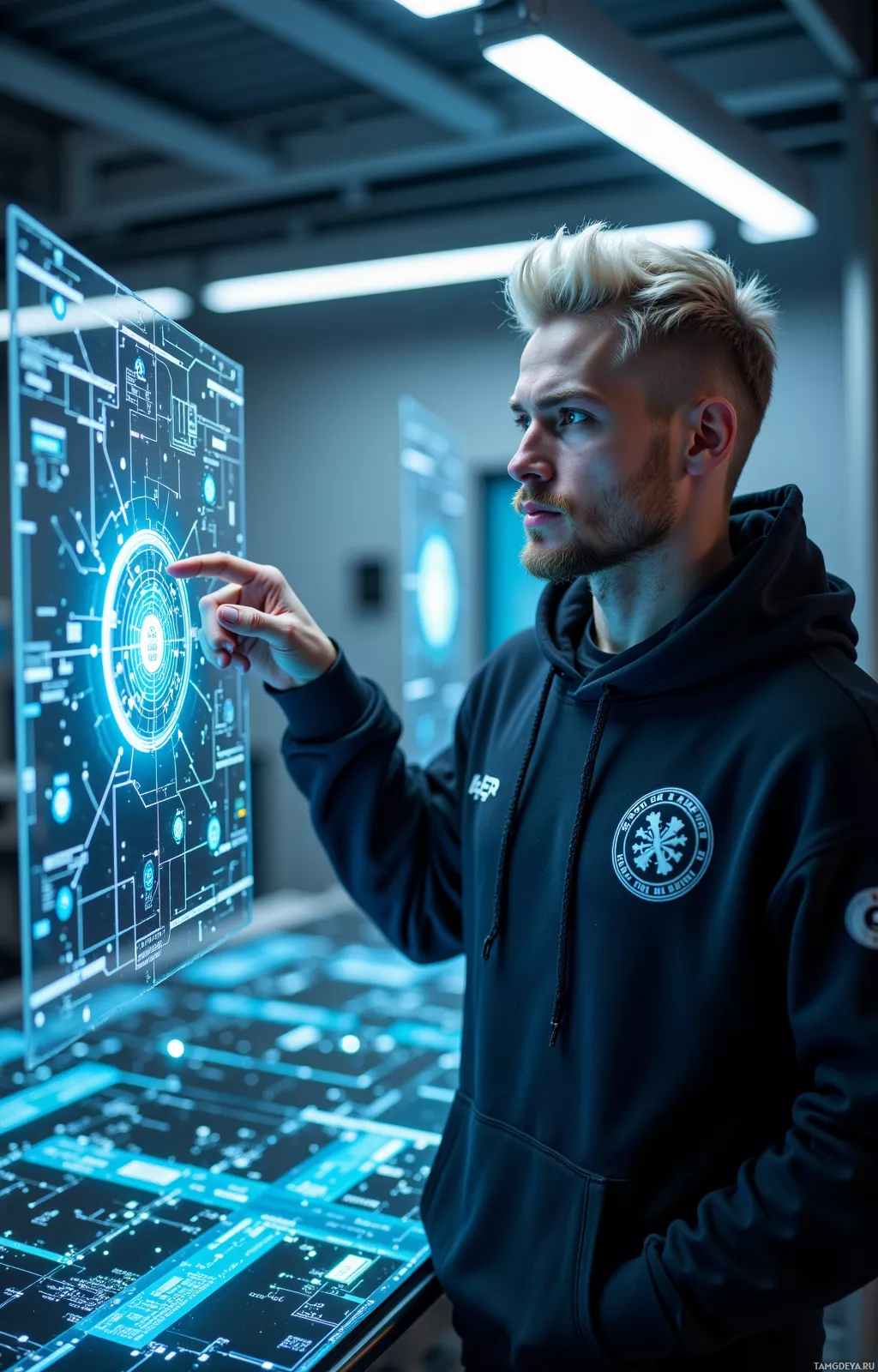 A person in a hoodie interacts with a futuristic digital interface.