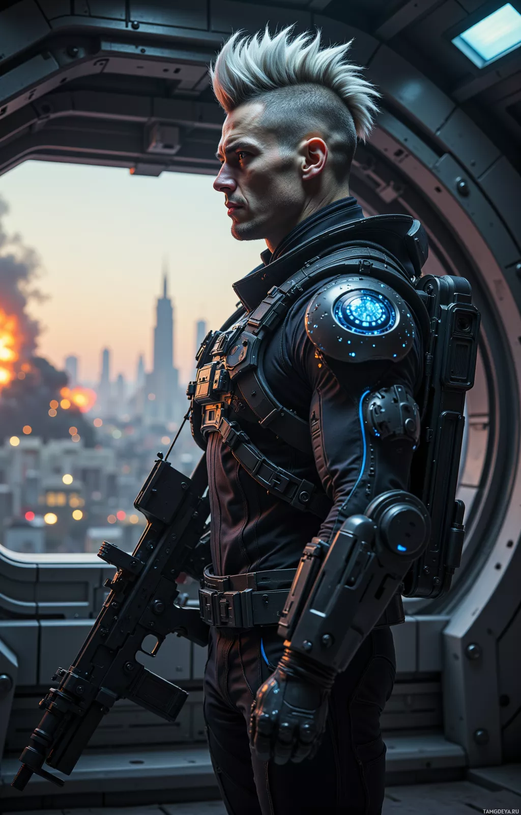 A futuristic soldier stands in a high-tech environment, holding a weapon, with a cityscape and sunset in the background.