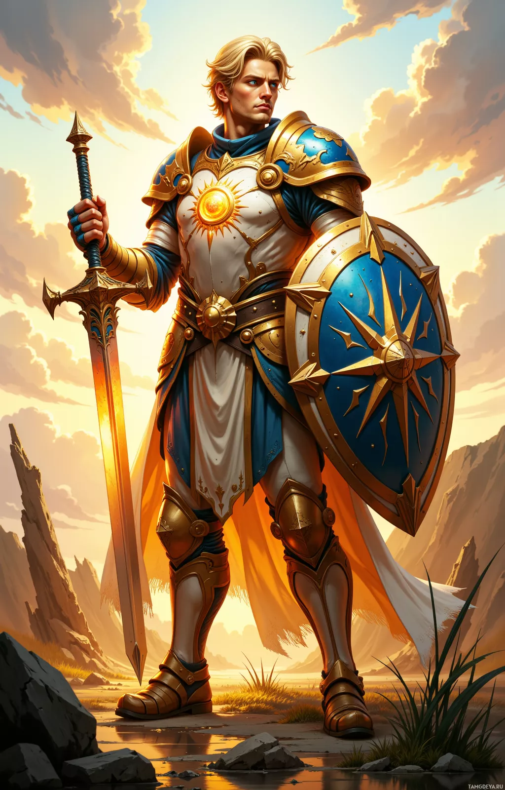 A knight in ornate armor stands with a sword and shield, set against a dramatic sky.
